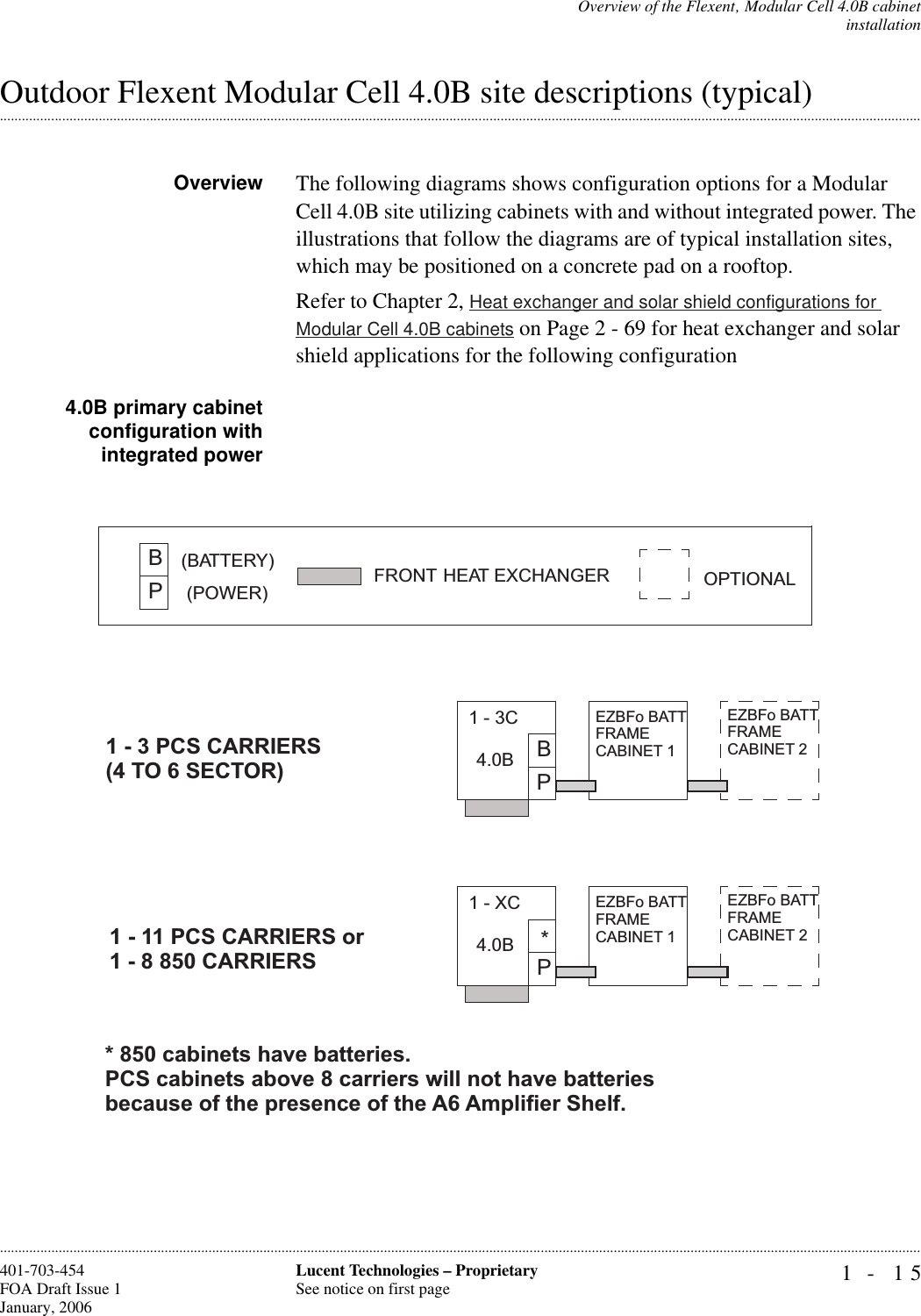 Overview of the Flexent‚ Modular Cell 4.0B cabinetinstallation1- 15Lucent Technologies – ProprietarySee notice on first page401-703-454FOA Draft Issue 1January, 2006.........................................................................................................................................................................................................................................................................................................................................................................................................................................................................................................................Outdoor Flexent Modular Cell 4.0B site descriptions (typical)Overview The following diagrams shows configuration options for a Modular Cell 4.0B site utilizing cabinets with and without integrated power. The illustrations that follow the diagrams are of typical installation sites, which may be positioned on a concrete pad on a rooftop.Refer to Chapter 2, Heat exchanger and solar shield configurations for Modular Cell 4.0B cabinets on Page 2 - 69 for heat exchanger and solar shield applications for the following configuration4.0B primary cabinetconfiguration withintegrated power1 - 3 PCS CARRIERS1 - 11 PCS CARRIERS or(4 TO 6 SECTOR)1 - 8 850 CARRIERSPB(POWER)(BATTERY) FRONT HEAT EXCHANGER OPTIONAL* 850 cabinets have batteries.PCS cabinets above 8 carriers will not have batteriesbecause of the presence of the A6 Amplifier Shelf.P1-XC4.0B *EZBFo BATTFRAMECABINET 1EZBFo BATTFRAMECABINET 2P1-3C4.0B BEZBFo BATTFRAMECABINET 1EZBFo BATTFRAMECABINET 2