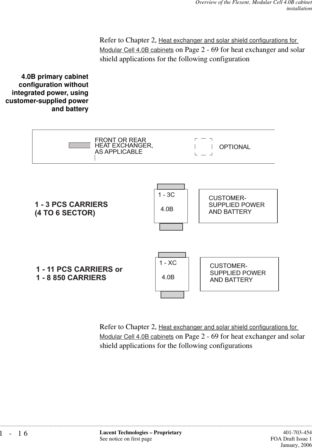 1-16 Lucent Technologies – ProprietarySee notice on first page  401-703-454FOA Draft Issue 1January, 2006...........................................................................................................................................................................................................................................................Overview of the Flexent‚ Modular Cell 4.0B cabinetinstallationRefer to Chapter 2, Heat exchanger and solar shield configurations for Modular Cell 4.0B cabinets on Page 2 - 69 for heat exchanger and solar shield applications for the following configuration4.0B primary cabinetconfiguration withoutintegrated power, usingcustomer-supplied powerand batteryRefer to Chapter 2, Heat exchanger and solar shield configurations for Modular Cell 4.0B cabinets on Page 2 - 69 for heat exchanger and solar shield applications for the following configurations1 - 3 PCS CARRIERS1 - 11 PCS CARRIERS or(4 TO 6 SECTOR)1 - 8 850 CARRIERSAS APPLICABLEHEAT EXCHANGER,FRONT OR REAROPTIONAL1-3C4.0BCUSTOMER-SUPPLIED POWERAND BATTERY1-XC4.0BCUSTOMER-SUPPLIED POWERAND BATTERY