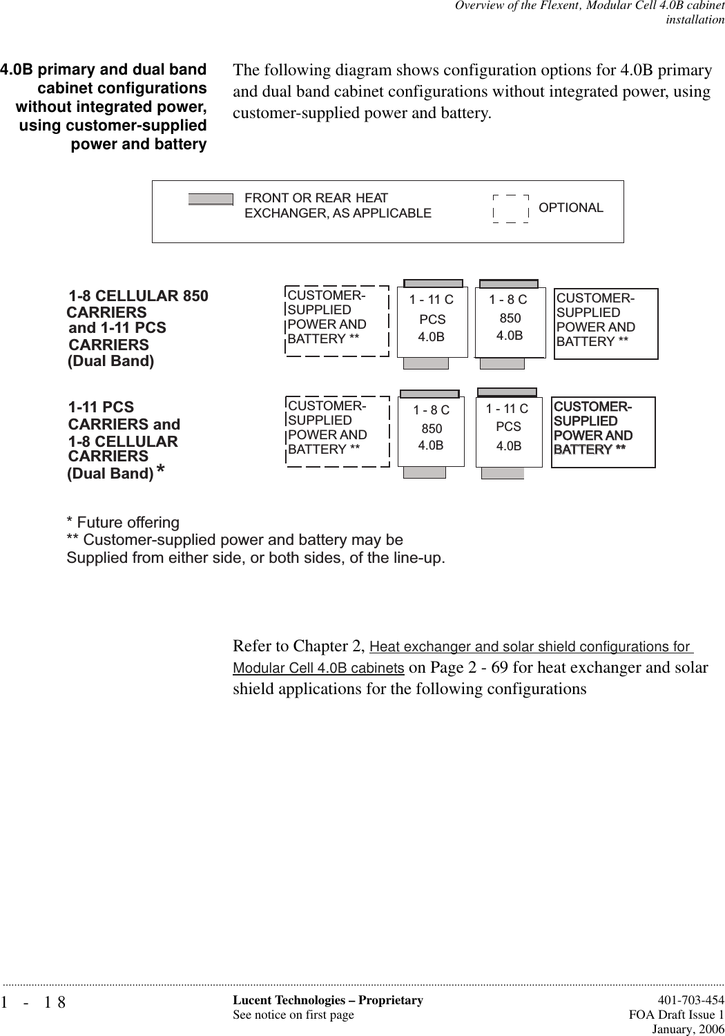 1-18 Lucent Technologies – ProprietarySee notice on first page  401-703-454FOA Draft Issue 1January, 2006...........................................................................................................................................................................................................................................................Overview of the Flexent‚ Modular Cell 4.0B cabinetinstallation4.0B primary and dual bandcabinet configurationswithout integrated power,using customer-suppliedpower and batteryThe following diagram shows configuration options for 4.0B primary and dual band cabinet configurations without integrated power, using customer-supplied power and battery.Refer to Chapter 2, Heat exchanger and solar shield configurations for Modular Cell 4.0B cabinets on Page 2 - 69 for heat exchanger and solar shield applications for the following configurations1-8C4.0B1-8 CELLULAR 850CARRIERSand 1-11 PCS1-11C4.0BPCS 850(Dual Band)1-8C4.0B1-11 PCS1-11C4.0BPCS850(Dual Band) *CARRIERSCARRIERS and1-8 CELLULARCARRIERSFRONT OR REAR HEAT OPTIONALEXCHANGER, AS APPLICABLE* Future offering** Customer-supplied power and battery may beSupplied from either side, or both sides, of the line-up.CUSTOMER-SUPPLIEDPOWER ANDBATTERY **CUSTOMER-SUPPLIEDPOWER ANDBATTERY **CUSTOMER-SUPPLIEDPOWER ANDBATTERY **CUSTOMER-SUPPLIEDPOWER ANDBATTERY **CUSTOMER-SUPPLIEDPOWER ANDBATTERY **