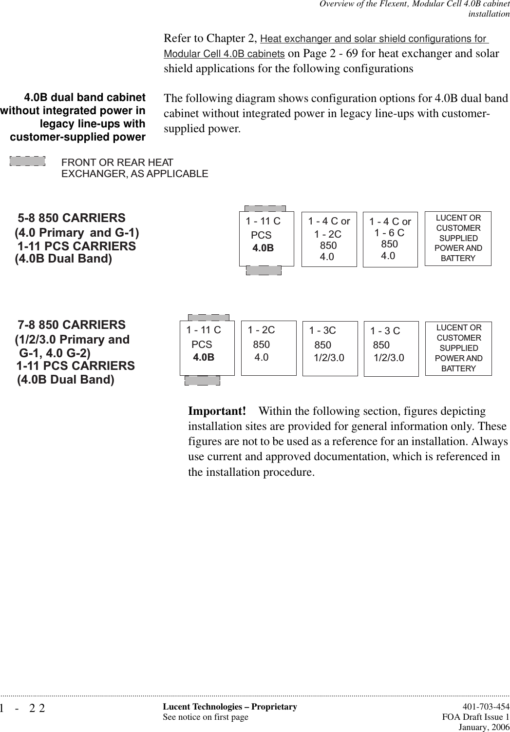 1-22 Lucent Technologies – ProprietarySee notice on first page  401-703-454FOA Draft Issue 1January, 2006...........................................................................................................................................................................................................................................................Overview of the Flexent‚ Modular Cell 4.0B cabinetinstallationRefer to Chapter 2, Heat exchanger and solar shield configurations for Modular Cell 4.0B cabinets on Page 2 - 69 for heat exchanger and solar shield applications for the following configurations4.0B dual band cabinetwithout integrated power inlegacy line-ups withcustomer-supplied powerThe following diagram shows configuration options for 4.0B dual band cabinet without integrated power in legacy line-ups with customer-supplied power.Important! Within the following section, figures depicting installation sites are provided for general information only. These figures are not to be used as a reference for an installation. Always use current and approved documentation, which is referenced in the installation procedure.FRONT OR REAR HEATEXCHANGER, AS APPLICABLE1-11C4.0BPCS1-11 PCS CARRIERS5-8 850 CARRIERSand G-1)(4.0 Primary1-3C1/2/3.08501-3C1/2/3.08501-11C4.0BPCS1-2C4.0850(4.0B Dual Band)LUCENT ORCUSTOMERSUPPLIEDPOWER ANDBATTERYLUCENT ORCUSTOMERSUPPLIEDPOWER ANDBATTERY1-11 PCS CARRIERS7-8 850 CARRIERS(1/2/3.0 Primary and(4.0B Dual Band)G-1, 4.0 G-2)1-4Cor1-4Cor1-6C8504.01-2C8504.0