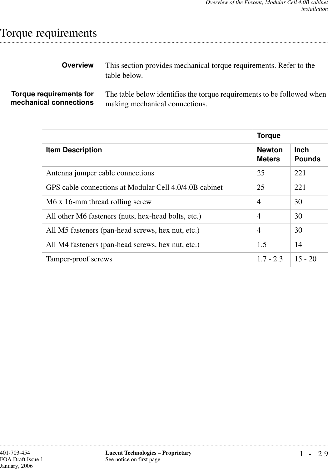 Overview of the Flexent‚ Modular Cell 4.0B cabinetinstallation1- 29Lucent Technologies – ProprietarySee notice on first page401-703-454FOA Draft Issue 1January, 2006.........................................................................................................................................................................................................................................................................................................................................................................................................................................................................................................................Torque requirementsOverview This section provides mechanical torque requirements. Refer to the table below.Torque requirements formechanical connections The table below identifies the torque requirements to be followed when making mechanical connections.TorqueItem Description NewtonMeters InchPoundsAntenna jumper cable connections 25 221GPS cable connections at Modular Cell 4.0/4.0B cabinet 25 221M6 x 16-mm thread rolling screw 4 30All other M6 fasteners (nuts, hex-head bolts, etc.) 4 30All M5 fasteners (pan-head screws, hex nut, etc.) 4 30All M4 fasteners (pan-head screws, hex nut, etc.) 1.5 14Tamper-proof screws 1.7 - 2.3 15 - 20