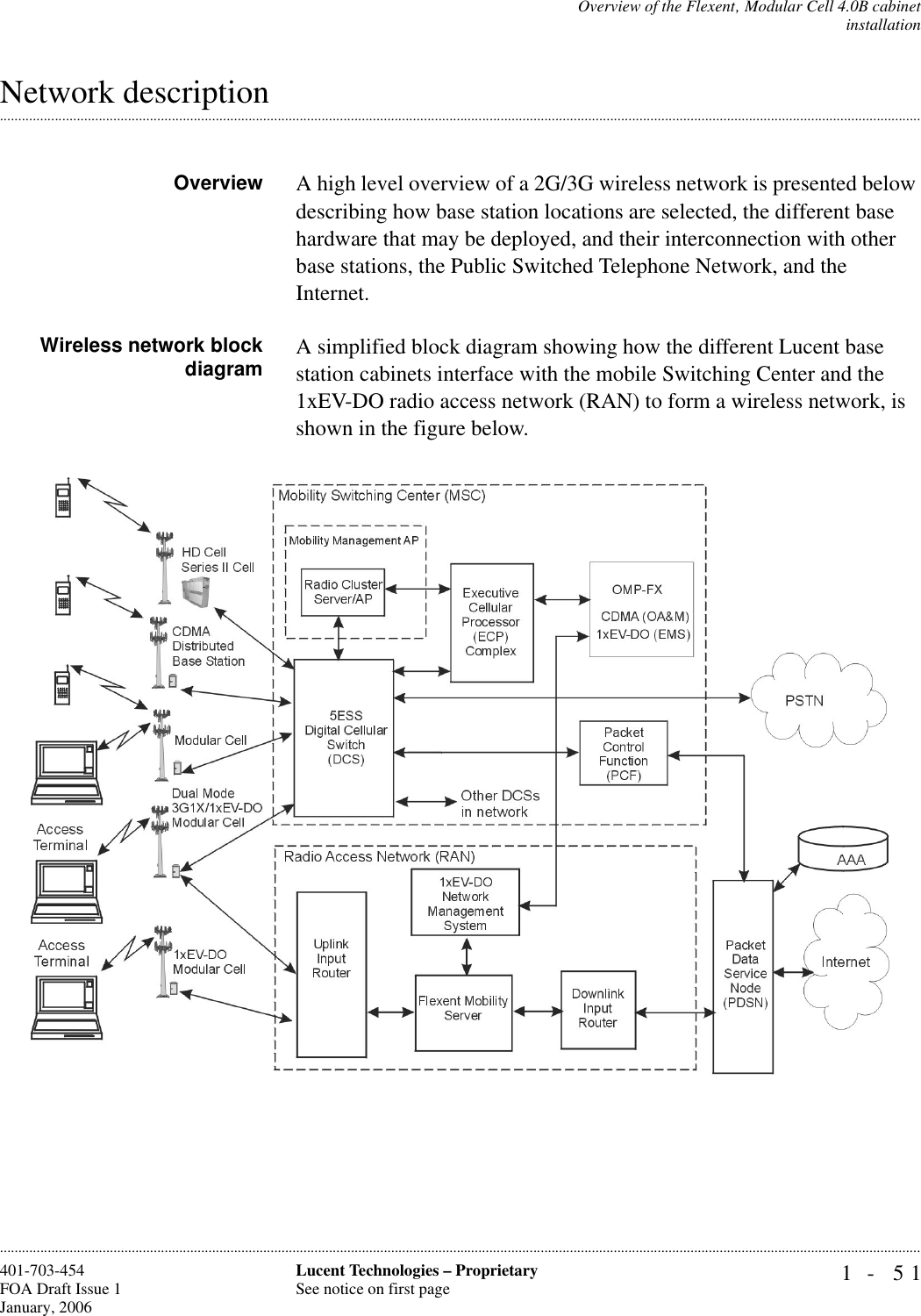 Overview of the Flexent‚ Modular Cell 4.0B cabinetinstallation1- 51Lucent Technologies – ProprietarySee notice on first page401-703-454FOA Draft Issue 1January, 2006.........................................................................................................................................................................................................................................................................................................................................................................................................................................................................................................................Network descriptionOverview A high level overview of a 2G/3G wireless network is presented below describing how base station locations are selected, the different base hardware that may be deployed, and their interconnection with other base stations, the Public Switched Telephone Network, and the Internet.Wireless network blockdiagram A simplified block diagram showing how the different Lucent base station cabinets interface with the mobile Switching Center and the 1xEV-DO radio access network (RAN) to form a wireless network, is shown in the figure below. 