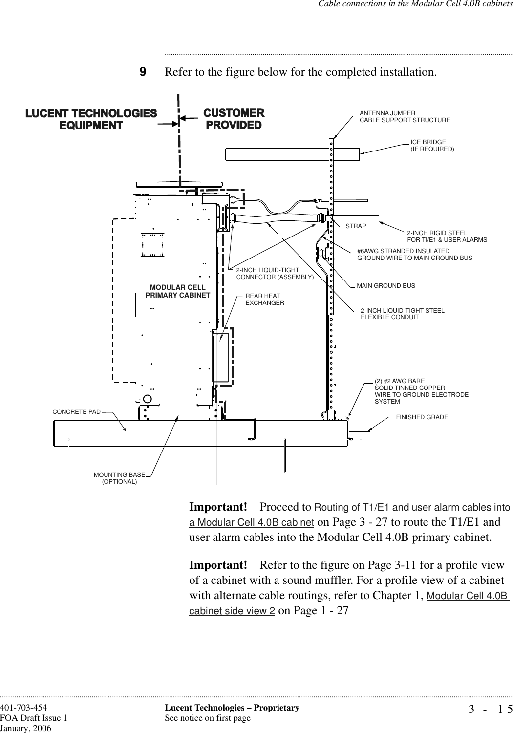 Cable connections in the Modular Cell 4.0B cabinets3- 15Lucent Technologies – ProprietarySee notice on first page401-703-454FOA Draft Issue 1January, 2006........................................................................................................................................................................................................................................................................................................................................................................................................................................9Refer to the figure below for the completed installation.Important! Proceed to Routing of T1/E1 and user alarm cables into a Modular Cell 4.0B cabinet on Page 3 - 27 to route the T1/E1 and user alarm cables into the Modular Cell 4.0B primary cabinet.Important! Refer to the figure on Page 3-11 for a profile view of a cabinet with a sound muffler. For a profile view of a cabinet with alternate cable routings, refer to Chapter 1, Modular Cell 4.0B cabinet side view 2 on Page 1 - 27MODULAR CELLPRIMARY CABINET2-INCH LIQUID-TIGHTCONNECTOR (ASSEMBLY)STRAPANTENNA JUMPERCABLE SUPPORT STRUCTUREICE BRIDGE (IF REQUIRED)2-INCH RIGID STEELFOR TI/E1 &amp; USER ALARMS#6AWG STRANDED INSULATED GROUND WIRE TO MAIN GROUND BUSMAIN GROUND BUS2-INCH LIQUID-TIGHT STEELFLEXIBLE CONDUIT(2) #2 AWG BARESOLID TINNED COPPERWIRE TO GROUND ELECTRODESYSTEMFINISHED GRADEMOUNTING BASE(OPTIONAL)CONCRETE PADREAR HEAT EXCHANGER