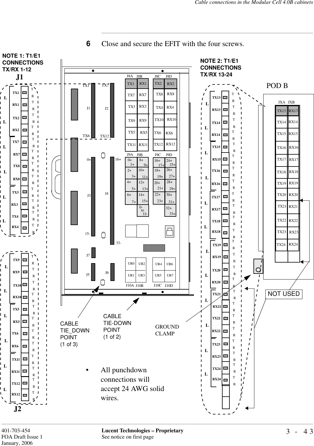 Cable connections in the Modular Cell 4.0B cabinets3- 43Lucent Technologies – ProprietarySee notice on first page401-703-454FOA Draft Issue 1January, 2006........................................................................................................................................................................................................................................................................................................................................................................................................................................6Close and secure the EFIT with the four screws.J1J4J3J5RX1      TX1TRTX2RX2TX7RX7TX8RX8NOTE 1: T1/E1CONNECTIONSTX/RX 1-12• All punchdown connections will accept 24 AWG solid wires.TRTRTRTRTRTRTRTRTRTRTRRX3RX4TX3TX4J6J7J2CABLE TIE_DOWN POINT(1 of 3)TX7TX12TX1TX60+15-33-16+J8A J8B J8C J8DJ9A J9B J9C J9DJ10A J10B J10C J10DTX1TX7TX3TX9TX5TX11TX2TX8TX4TX10TX6TX12RX1 RX2RX7 RX8RX3 RX4RX9 RX10RX5 RX6RX11 RX120+2+4+6+8+10+12+14+16+ 18+ 20+22+24+26+28+30+32+UR1UR2UR3UR4UR5UR0 UR6UR7CABLE TIE-DOWN POINT(1 of 2)1+3+5+7+9+11+13+17+19+21+23+25+27+29+31+33+0-to33- 15+RX9 TX9TRTX10RX10TX5RX5TX6RX6TRTRTRTRTRTRTRTRTRTRTRRX11RX12TX11TX12J2J1LRX19  TX19TRTX20RX20TX21RX21TX22RX22TRTRTRTRTRTRTRTRTRTRTRRX23RX24TX23TX24LLLLLLLLLLLLLLLLLRX13  TX13TRTX14RX14TX15RX15TX16RX16TRTRTRTRTRTRTRTRTRTRTRRX17RX18TX17TX18LLLLLLNOTE 2: T1/E1CONNECTIONSTX/RX 13-24JXA JXBTX13TX14TX15TX16TX17TX18RX13RX14RX15RX16RX17RX18TX19TX20TX21TX22TX23TX24RX19RX20RX21RX22RX23RX24NOT USEDPOD BGROUNDCLAMP