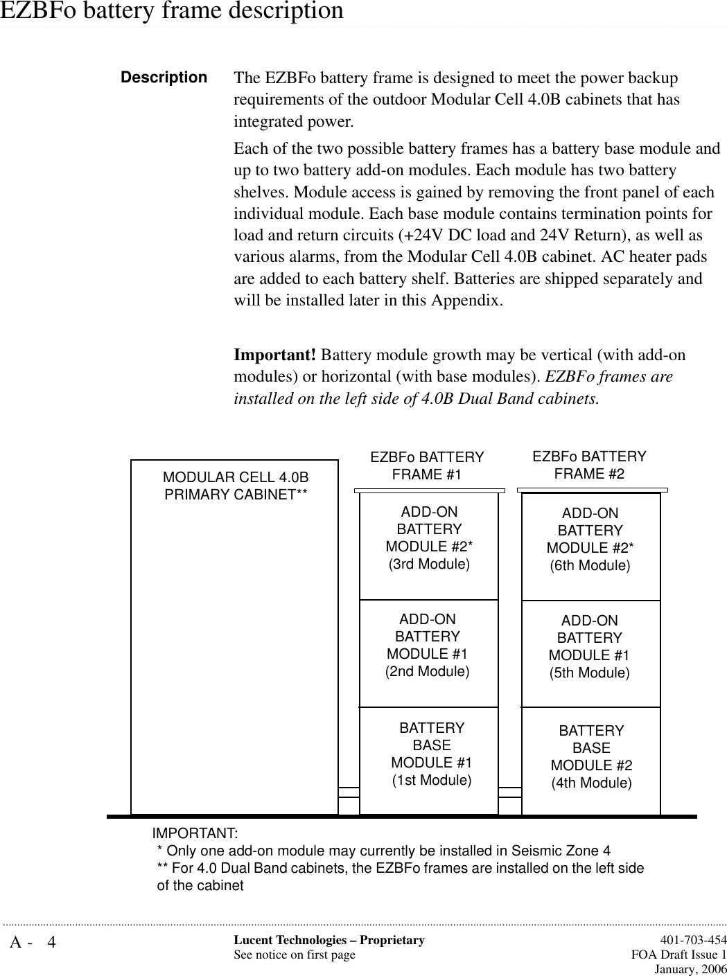 A- 4 Lucent Technologies – ProprietarySee notice on first page  401-703-454FOA Draft Issue 1January, 2006........................................................................................................................................................................................................................................................................................................................................................................................................................................................................................................................EZBFo battery frame descriptionDescription The EZBFo battery frame is designed to meet the power backup requirements of the outdoor Modular Cell 4.0B cabinets that has integrated power. Each of the two possible battery frames has a battery base module and up to two battery add-on modules. Each module has two battery shelves. Module access is gained by removing the front panel of each individual module. Each base module contains termination points for load and return circuits (+24V DC load and 24V Return), as well as various alarms, from the Modular Cell 4.0B cabinet. AC heater pads are added to each battery shelf. Batteries are shipped separately and will be installed later in this Appendix.Important! Battery module growth may be vertical (with add-on modules) or horizontal (with base modules). EZBFo frames are installed on the left side of 4.0B Dual Band cabinets. ADD-ON BATTERY MODULE #2* (6th Module)ADD-ON BATTERY MODULE #1 (5th Module)EZBFo BATTERY FRAME #2BATTERY BASE MODULE #2(4th Module)MODULAR CELL 4.0BPRIMARY CABINET** ADD-ON BATTERYMODULE #2* (3rd Module)ADD-ON BATTERY MODULE #1(2nd Module)EZBFo BATTERY FRAME #1BATTERY BASE MODULE #1(1st Module) IMPORTANT: * Only one add-on module may currently be installed in Seismic Zone 4** For 4.0 Dual Band cabinets, the EZBFo frames are installed on the left side of the cabinet 