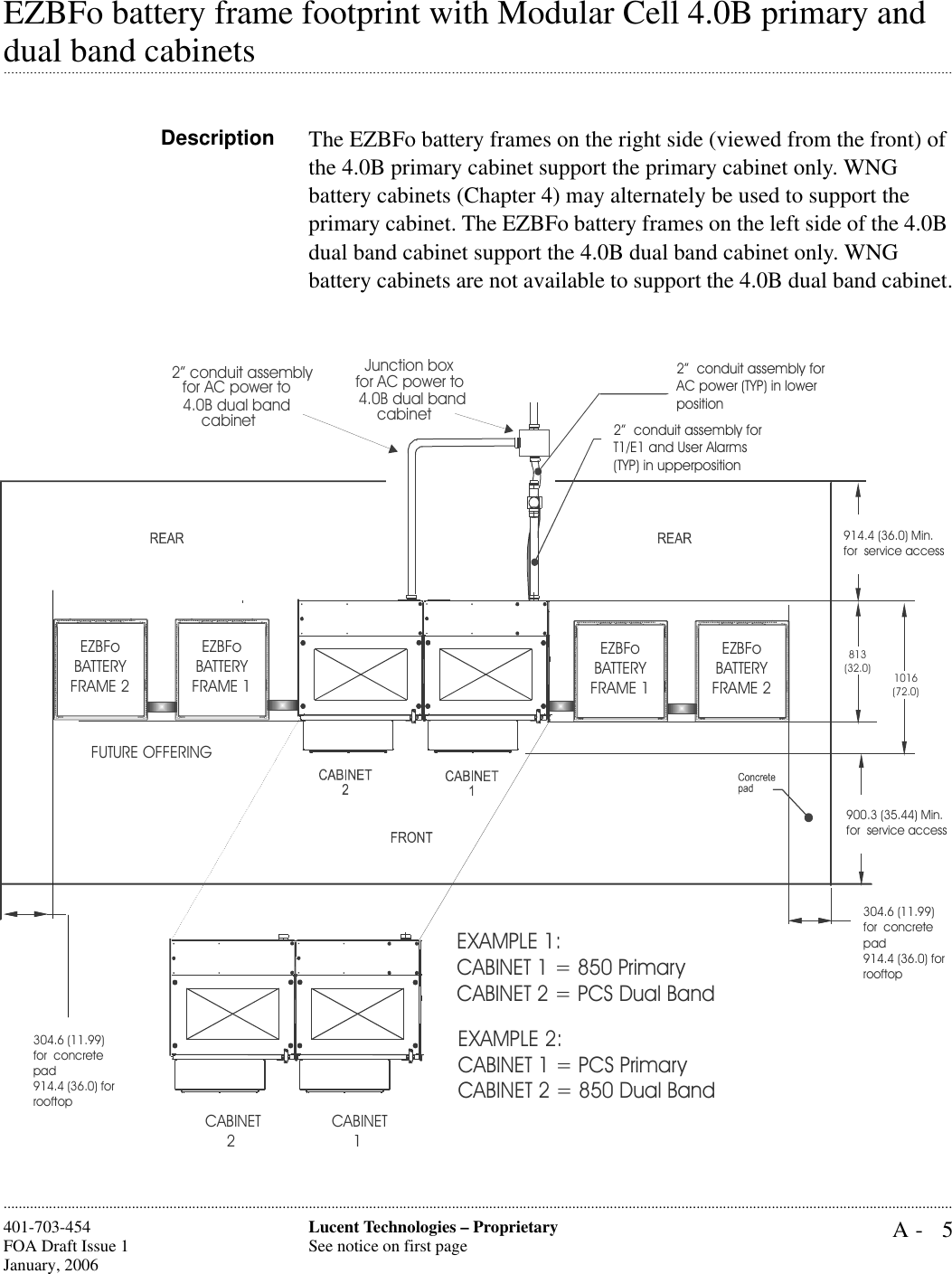 A- 5Lucent Technologies – ProprietarySee notice on first page401-703-454FOA Draft Issue 1January, 2006............................................................................................................................................................................................................................................................EZBFo battery frame footprint with Modular Cell 4.0B primary and .............................................................................................................................................................................................................................................................dual band cabinetsDescription The EZBFo battery frames on the right side (viewed from the front) of the 4.0B primary cabinet support the primary cabinet only. WNG battery cabinets (Chapter 4) may alternately be used to support the primary cabinet. The EZBFo battery frames on the left side of the 4.0B dual band cabinet support the 4.0B dual band cabinet only. WNG battery cabinets are not available to support the 4.0B dual band cabinet.Junction boxfor AC power to 4.0B dual bandcabinet2” conduit assemblyfor AC power to 4.0B dual bandcabinetEZBFoBATTERY FRAME 1EZBFoBATTERY FRAME 2EZBFoBATTERY FRAME 2EZBFoBATTERY FRAME 1FUTURE OFFERINGCABINET1CABINET2EXAMPLE 1:CABINET 1 = 850 PrimaryCABINET 2 = PCS Dual Band EXAMPLE 2:CABINET 1 = PCS PrimaryCABINET 2 = 850 Dual Band2”  conduit assembly for AC power (TYP) in lower position2”  conduit assembly for T1/E1 and User Alarms (TYP) in upperposition914.4 (36.0) Min. for  service access900.3 (35.44) Min. for  service access304.6 (11.99)  for  concrete pad914.4 (36.0) for rooftop813(32.0)1016(72.0)304.6 (11.99)  for  concrete pad914.4 (36.0) for rooftop