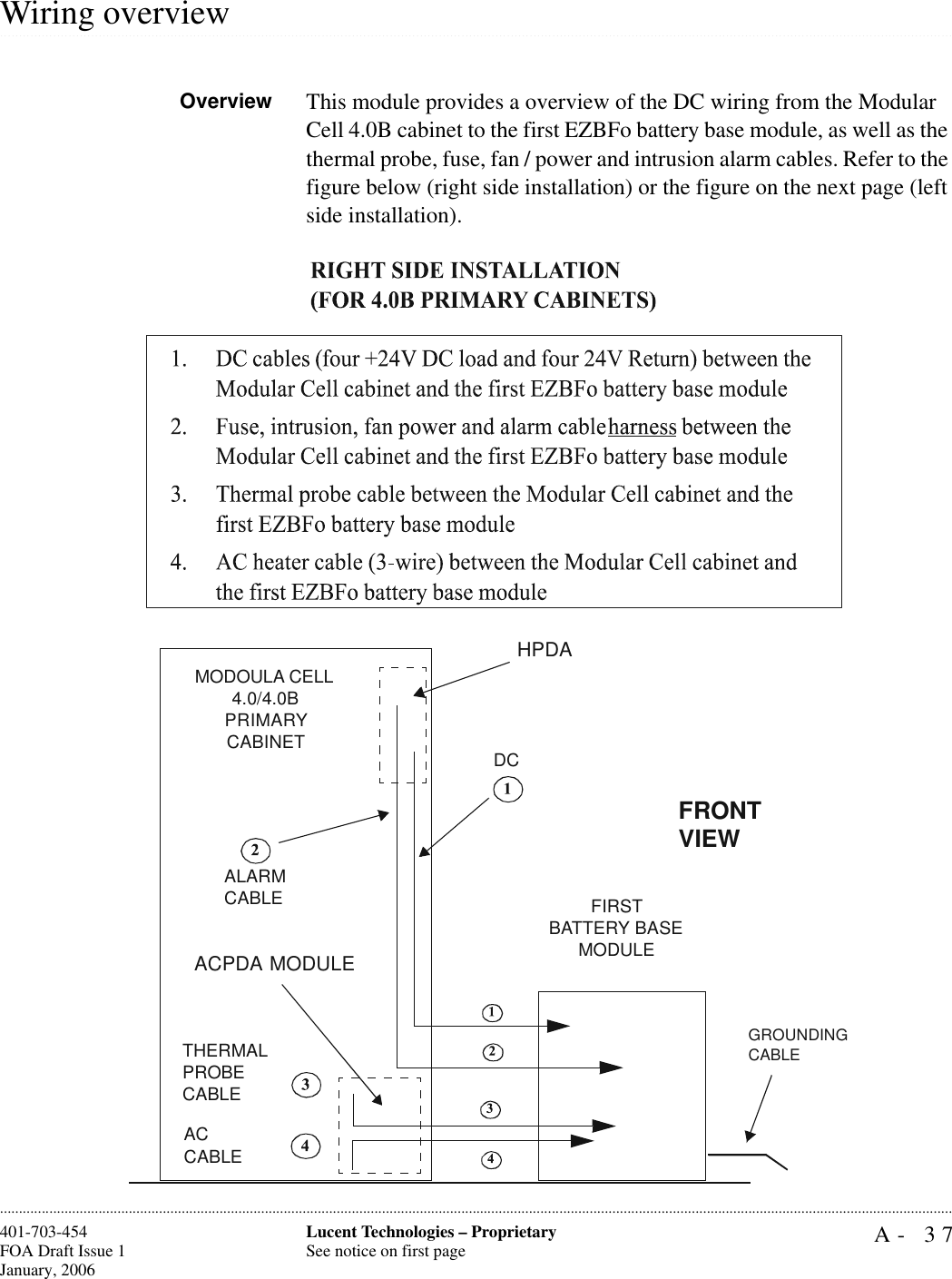 A- 37Lucent Technologies – ProprietarySee notice on first page401-703-454FOA Draft Issue 1January, 2006.........................................................................................................................................................................................................................................................................................................................................................................................................................................................................................................................Wiring overviewOverview This module provides a overview of the DC wiring from the Modular Cell 4.0B cabinet to the first EZBFo battery base module, as well as the thermal probe, fuse, fan / power and intrusion alarm cables. Refer to the figure below (right side installation) or the figure on the next page (left side installation).DCMODOULA CELL 4.0/4.0B PRIMARY CABINETTHERMAL PROBECABLEFRONT VIEWFIRSTBATTERY BASEMODULEALARM CABLEHPDAACPDA MODULEGROUNDING CABLEACCABLE