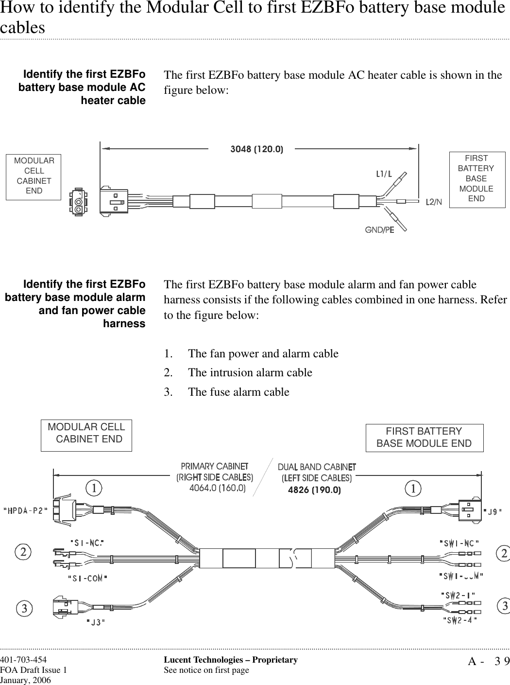 A- 39Lucent Technologies – ProprietarySee notice on first page401-703-454FOA Draft Issue 1January, 2006............................................................................................................................................................................................................................................................How to identify the Modular Cell to first EZBFo battery base module .............................................................................................................................................................................................................................................................cablesIdentify the first EZBFobattery base module ACheater cableThe first EZBFo battery base module AC heater cable is shown in the figure below: Identify the first EZBFobattery base module alarmand fan power cableharnessThe first EZBFo battery base module alarm and fan power cable harness consists if the following cables combined in one harness. Refer to the figure below: 1. The fan power and alarm cable 2. The intrusion alarm cable 3. The fuse alarm cableMODULAR CELL CABINET ENDFIRST BATTERY BASE MODULE END3048 (120.0)MODULAR CELL CABINET END FIRST BATTERY BASE MODULE END4826 (190.0)