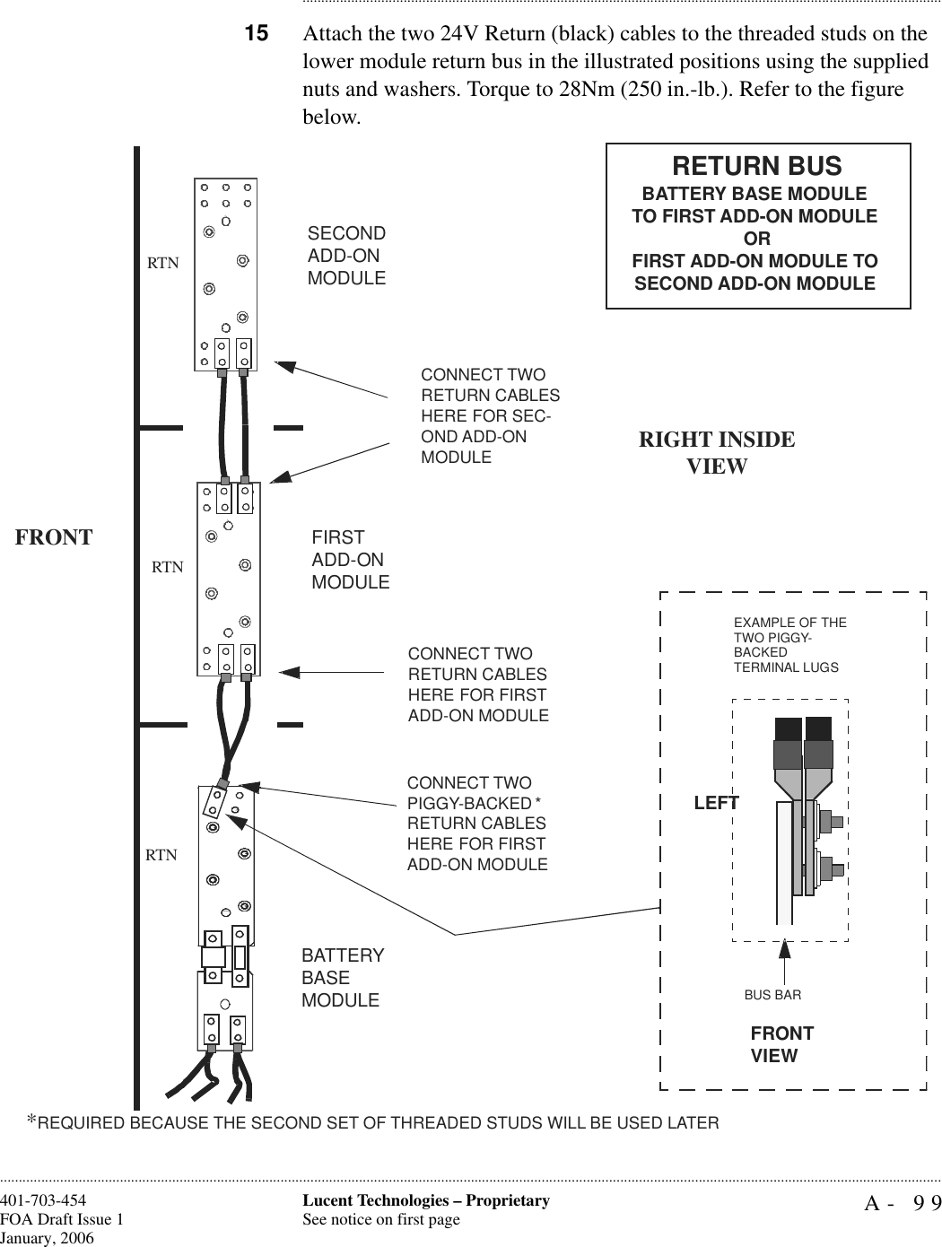 A- 99Lucent Technologies – ProprietarySee notice on first page401-703-454FOA Draft Issue 1January, 2006........................................................................................................................................................................................................................................................................................................................................................................................................................................15 Attach the two 24V Return (black) cables to the threaded studs on the lower module return bus in the illustrated positions using the supplied nuts and washers. Torque to 28Nm (250 in.-lb.). Refer to the figure below.BATTERY BASE MODULECONNECT TWO RETURN CABLES HERE FOR FIRST ADD-ON MODULECONNECT TWO RETURN CABLES HERE FOR SEC-OND ADD-ON MODULESECONDADD-ON MODULEFIRST ADD-ON MODULERETURN BUSBATTERY BASE MODULE TO FIRST ADD-ON MODULEORFIRST ADD-ON MODULE TO SECOND ADD-ON MODULEEXAMPLE OF THE TWO PIGGY-BACKEDTERMINAL LUGSBUS BARFRONTVIEWLEFTRIGHT INSIDE VIEWFRONTCONNECT TWO PIGGY-BACKED* RETURN CABLES HERE FOR FIRST ADD-ON MODULE*REQUIRED BECAUSE THE SECOND SET OF THREADED STUDS WILL BE USED LATERRTNRTNRTN
