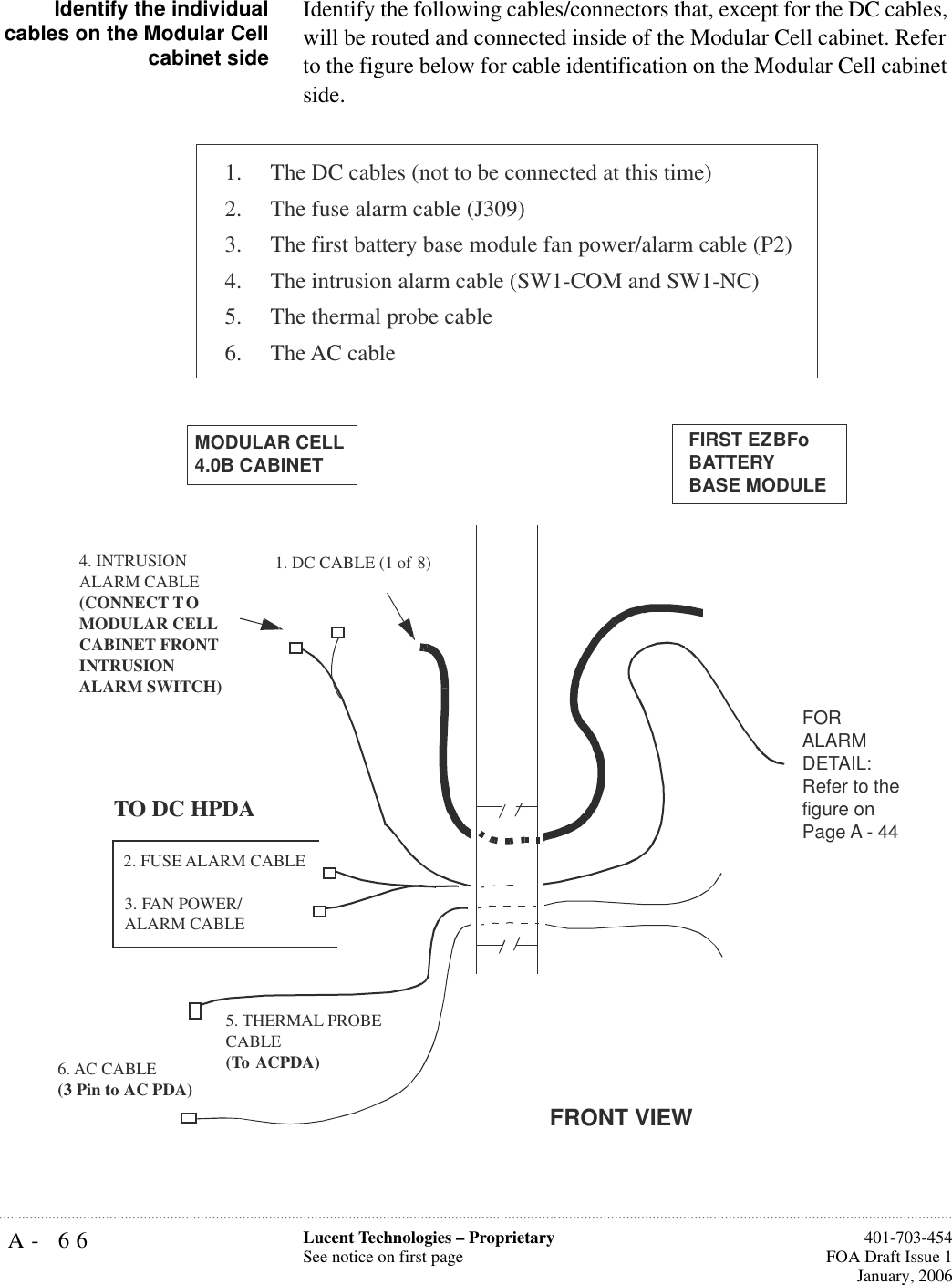 A- 66 Lucent Technologies – ProprietarySee notice on first page  401-703-454FOA Draft Issue 1January, 2006...........................................................................................................................................................................................................................................................Identify the individualcables on the Modular Cellcabinet sideIdentify the following cables/connectors that, except for the DC cables, will be routed and connected inside of the Modular Cell cabinet. Refer to the figure below for cable identification on the Modular Cell cabinet side. 1. The DC cables (not to be connected at this time)2. The fuse alarm cable (J309)3. The first battery base module fan power/alarm cable (P2)4. The intrusion alarm cable (SW1-COM and SW1-NC)5. The thermal probe cable 6. The AC cable FRONT VIEW1. DC CABLE (1 of 8)2. FUSE ALARM CABLE3. FAN POWER/ ALARM CABLE5. THERMAL PROBE CABLE (To ACPDA)TO DC HPDAMODULAR CELL 4.0B CABINET4. INTRUSION ALARM CABLE (CONNECT TOMODULAR CELL CABINET FRONT INTRUSION ALARM SWITCH)FIRST EZBFoBATTERYBASE MODULE FOR ALARM DETAIL: Refer to the figure on Page A - 446. AC CABLE (3 Pin to AC PDA)