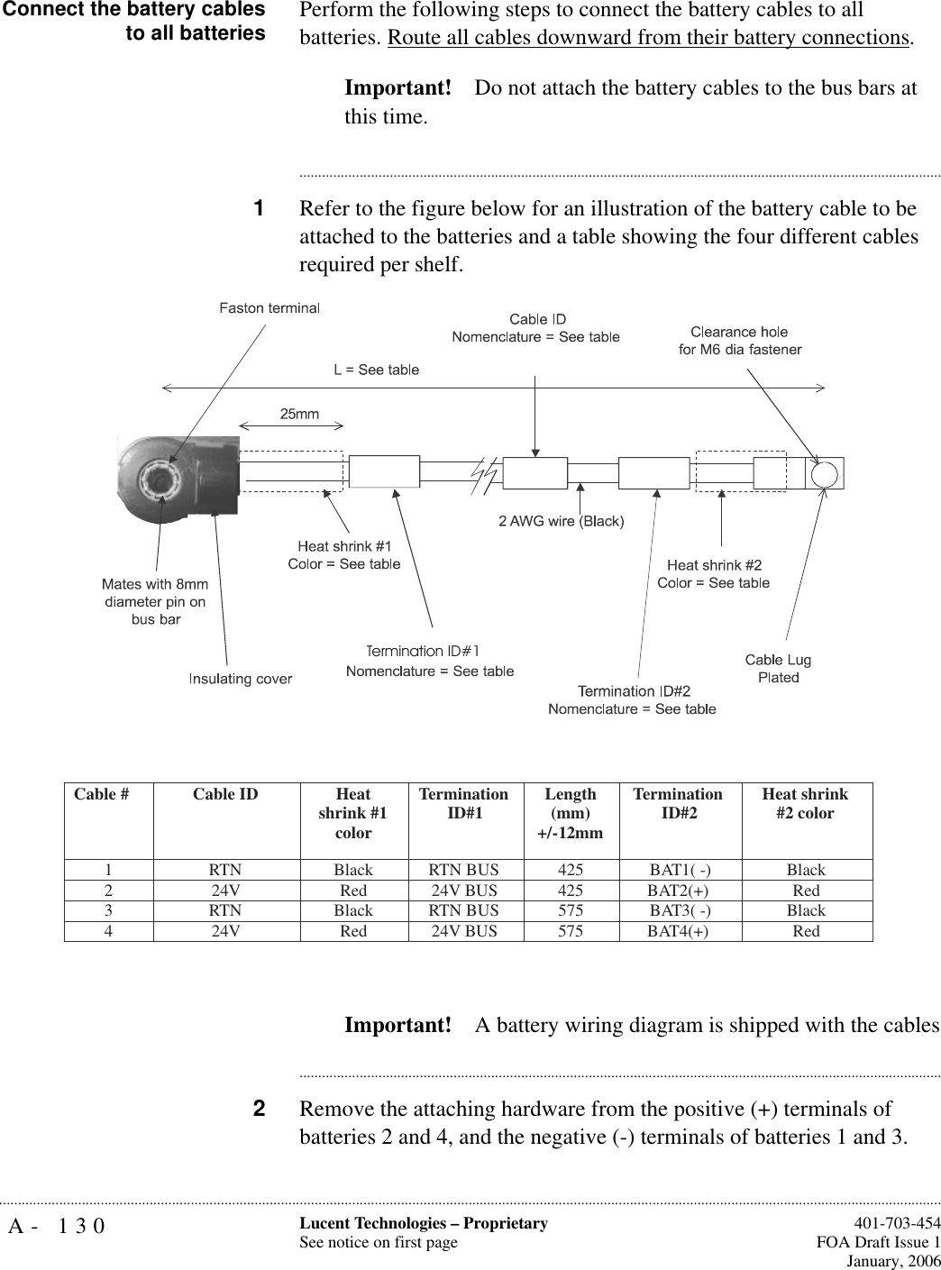 A- 130 Lucent Technologies – ProprietarySee notice on first page  401-703-454FOA Draft Issue 1January, 2006...........................................................................................................................................................................................................................................................Connect the battery cablesto all batteries Perform the following steps to connect the battery cables to all batteries. Route all cables downward from their battery connections.Important! Do not attach the battery cables to the bus bars at this time.............................................................................................................................................................................1Refer to the figure below for an illustration of the battery cable to be attached to the batteries and a table showing the four different cables required per shelf.Important! A battery wiring diagram is shipped with the cables............................................................................................................................................................................2Remove the attaching hardware from the positive (+) terminals of batteries 2 and 4, and the negative (-) terminals of batteries 1 and 3.Cable #  Cable ID   Heat shrink #1 color Termination ID#1  Length (mm) +/-12mm Termination ID#2 Heat shrink #2 color  1 RTN Black RTN BUS 425  BAT1( -)  Black 2 24V Red 24V BUS 425 BAT2(+) Red 3 RTN Black RTN BUS 575  BAT3( -)  Black 4 24V Red 24V BUS 575 BAT4(+) Red  Termination ID#1