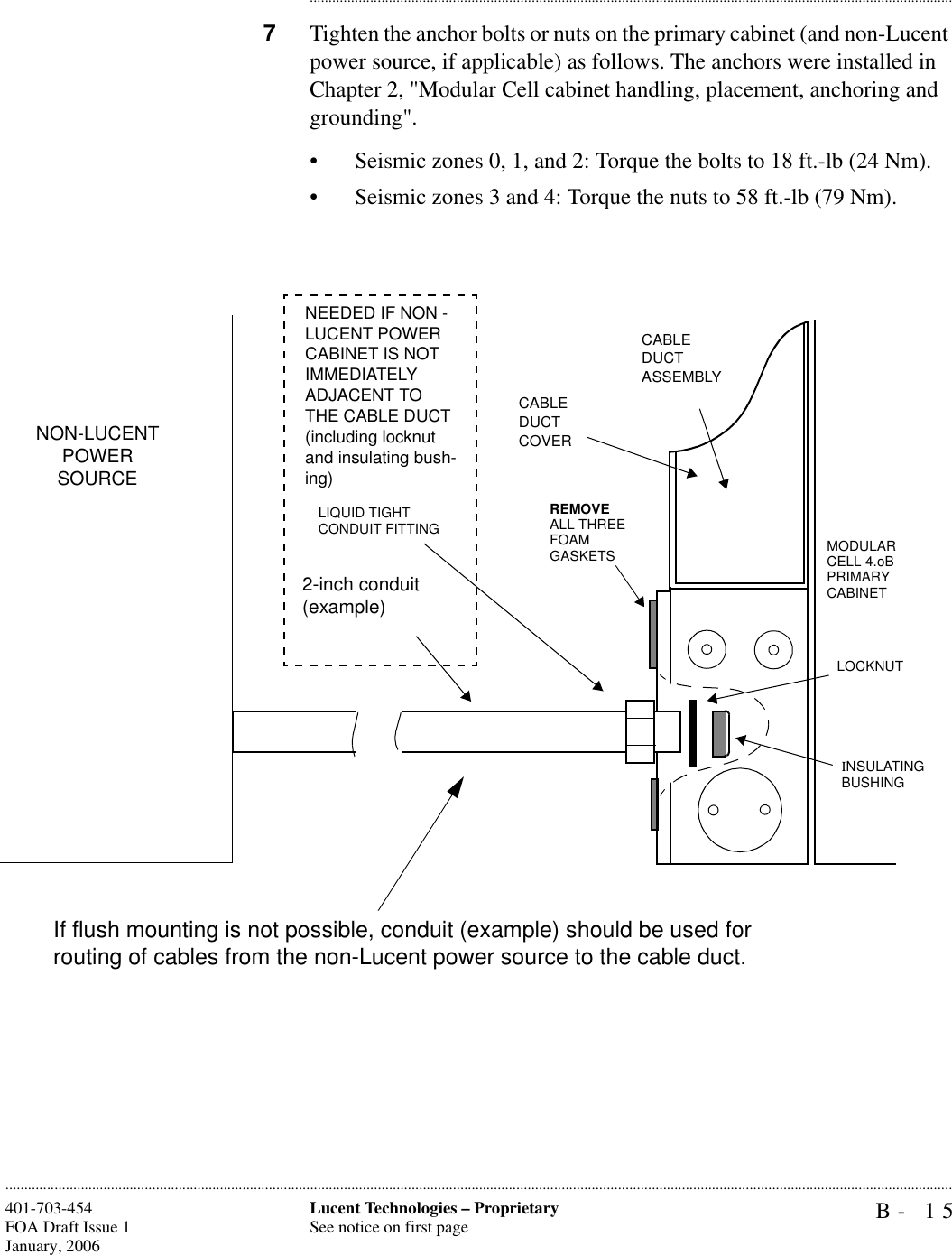 B- 15Lucent Technologies – ProprietarySee notice on first page401-703-454FOA Draft Issue 1January, 2006........................................................................................................................................................................................................................................................................................................................................................................................................................................7Tighten the anchor bolts or nuts on the primary cabinet (and non-Lucent power source, if applicable) as follows. The anchors were installed in Chapter 2, &quot;Modular Cell cabinet handling, placement, anchoring and grounding&quot;.• Seismic zones 0, 1, and 2: Torque the bolts to 18 ft.-lb (24 Nm).• Seismic zones 3 and 4: Torque the nuts to 58 ft.-lb (79 Nm).CABLE DUCT ASSEMBLYCABLE DUCT COVERREMOVEALL THREE FOAM GASKETS  MODULAR CELL 4.oB PRIMARY CABINETINSULATING BUSHINGLOCKNUT2-inch conduit (example)NON-LUCENT POWER SOURCEIf flush mounting is not possible, conduit (example) should be used for routing of cables from the non-Lucent power source to the cable duct.LIQUID TIGHT CONDUIT FITTINGNEEDED IF NON -LUCENT POWER CABINET IS NOT IMMEDIATELY ADJACENT TO THE CABLE DUCT (including locknut and insulating bush-ing)