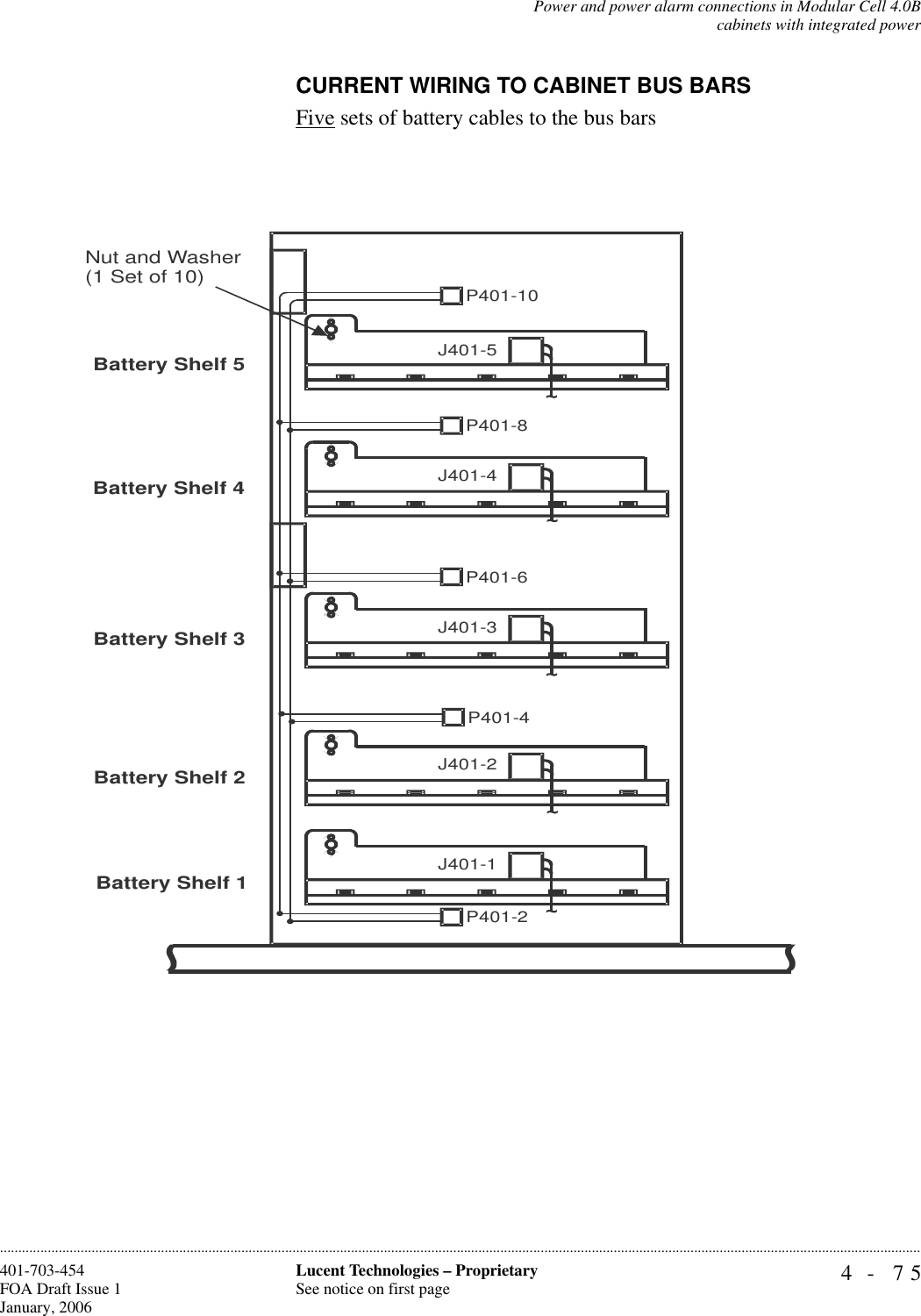 Power and power alarm connections in Modular Cell 4.0Bcabinets with integrated power4- 75Lucent Technologies – ProprietarySee notice on first page401-703-454FOA Draft Issue 1January, 2006............................................................................................................................................................................................................................................................CURRENT WIRING TO CABINET BUS BARSFive sets of battery cables to the bus barsBattery Shelf 1Battery Shelf 5Battery Shelf 4Battery Shelf 3Battery Shelf 2Nut and Washer(1 Set of 10)P401-10P401-8P401-6P401-4P401-2J401-2J401-4J401-3J401-5J401-1 