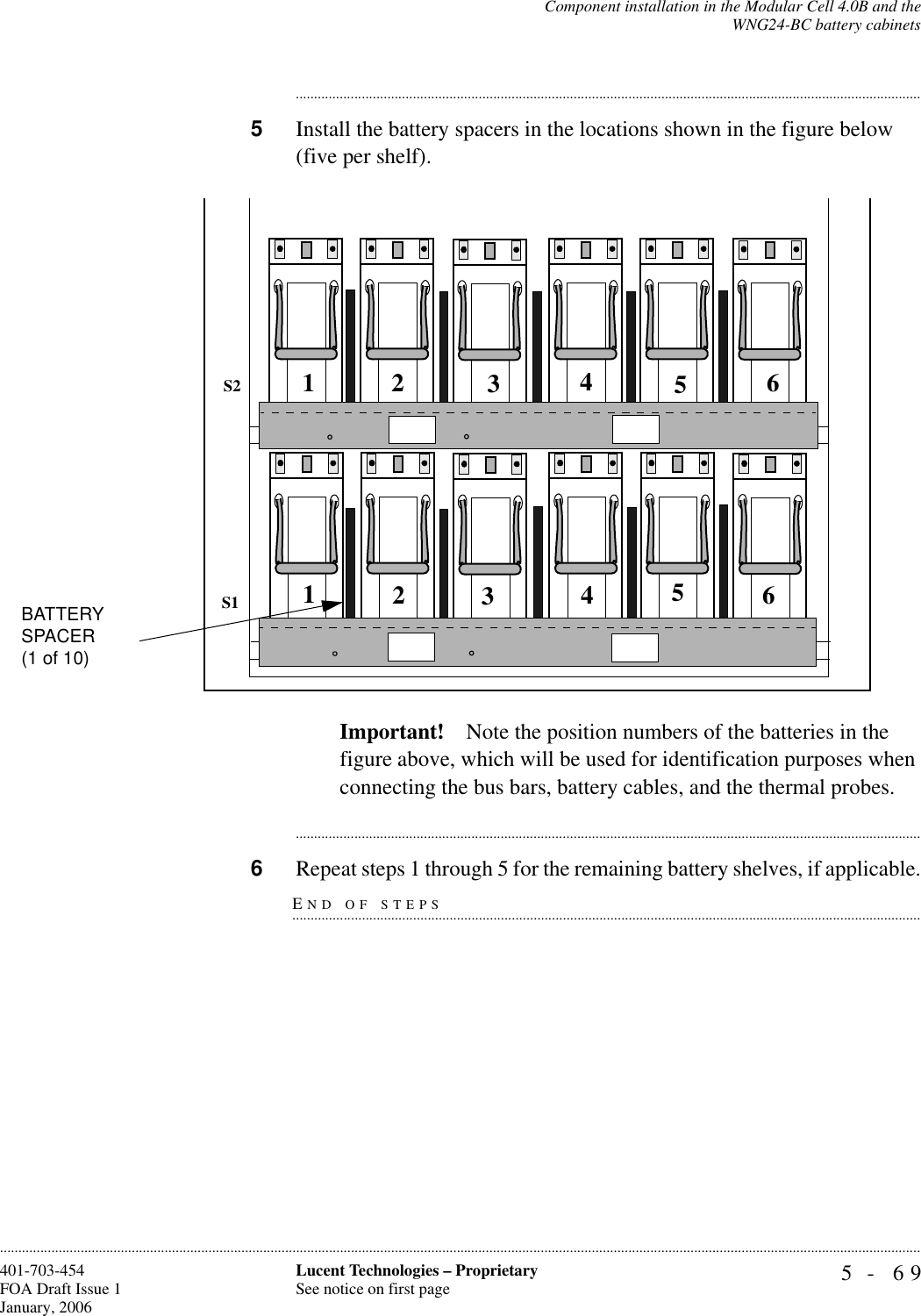 Component installation in the Modular Cell 4.0B and theWNG24-BC battery cabinets5- 69Lucent Technologies – ProprietarySee notice on first page401-703-454FOA Draft Issue 1January, 2006........................................................................................................................................................................................................................................................................................................................................................................................................................................5Install the battery spacers in the locations shown in the figure below (five per shelf). Important! Note the position numbers of the batteries in the figure above, which will be used for identification purposes when connecting the bus bars, battery cables, and the thermal probes.............................................................................................................................................................................END OF STEPS.............................................................................................................................................................................6Repeat steps 1 through 5 for the remaining battery shelves, if applicable.123456123456S1S2BATTERYSPACER(1 of 10)