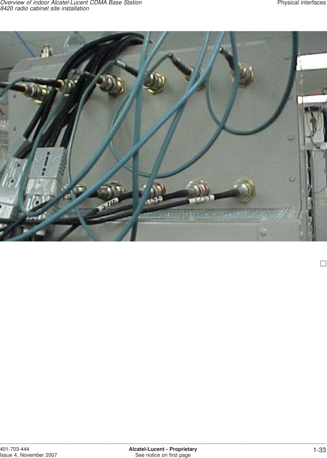 Overview of indoor Alcatel-Lucent CDMA Base Station8420 radio cabinet site installationPhysical interfaces....................................................................................................................................................................................................................................401-703-444Issue 4, November 2007 Alcatel-Lucent - ProprietarySee notice on first page 1-33