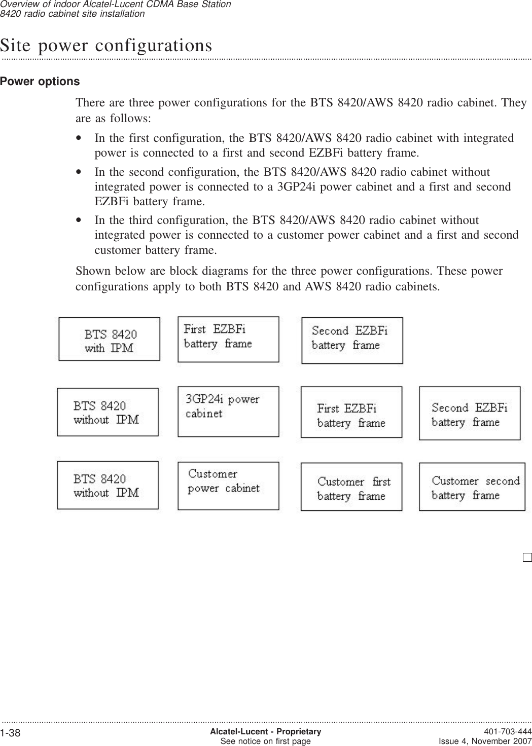 Site power configurations...................................................................................................................................................................................................................................Power optionsThere are three power configurations for the BTS 8420/AWS 8420 radio cabinet. Theyare as follows:•In the first configuration, the BTS 8420/AWS 8420 radio cabinet with integratedpower is connected to a first and second EZBFi battery frame.•In the second configuration, the BTS 8420/AWS 8420 radio cabinet withoutintegrated power is connected to a 3GP24i power cabinet and a first and secondEZBFi battery frame.•In the third configuration, the BTS 8420/AWS 8420 radio cabinet withoutintegrated power is connected to a customer power cabinet and a first and secondcustomer battery frame.Shown below are block diagrams for the three power configurations. These powerconfigurations apply to both BTS 8420 and AWS 8420 radio cabinets.Overview of indoor Alcatel-Lucent CDMA Base Station8420 radio cabinet site installation...................................................................................................................................................................................................................................1-38 Alcatel-Lucent - ProprietarySee notice on first page 401-703-444Issue 4, November 2007