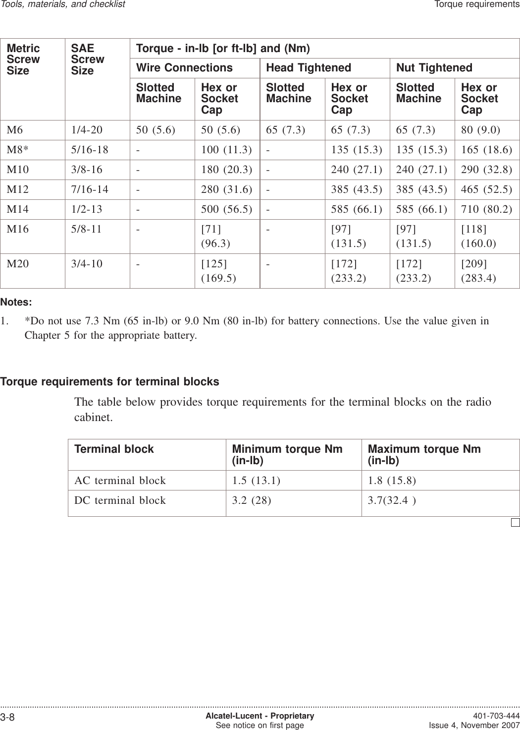 MetricScrewSizeSAEScrewSizeTorque - in-lb [or ft-lb] and (Nm)Wire Connections Head Tightened Nut TightenedSlottedMachine Hex orSocketCapSlottedMachine Hex orSocketCapSlottedMachine Hex orSocketCapM6 1/4-20 50 (5.6) 50 (5.6) 65 (7.3) 65 (7.3) 65 (7.3) 80 (9.0)M8* 5/16-18 - 100 (11.3) - 135 (15.3) 135 (15.3) 165 (18.6)M10 3/8-16 - 180 (20.3) - 240 (27.1) 240 (27.1) 290 (32.8)M12 7/16-14 - 280 (31.6) - 385 (43.5) 385 (43.5) 465 (52.5)M14 1/2-13 - 500 (56.5) - 585 (66.1) 585 (66.1) 710 (80.2)M16 5/8-11 - [71](96.3)- [97](131.5)[97](131.5)[118](160.0)M20 3/4-10 - [125](169.5)- [172](233.2)[172](233.2)[209](283.4)Notes:1. *Do not use 7.3 Nm (65 in-lb) or 9.0 Nm (80 in-lb) for battery connections. Use the value given inChapter 5 for the appropriate battery.Torque requirements for terminal blocksThe table below provides torque requirements for the terminal blocks on the radiocabinet.Terminal block Minimum torque Nm(in-lb) Maximum torque Nm(in-lb)AC terminal block 1.5 (13.1) 1.8 (15.8)DC terminal block 3.2 (28) 3.7(32.4 )Tools, materials, and checklistTorque requirements....................................................................................................................................................................................................................................3-8 Alcatel-Lucent - ProprietarySee notice on first page 401-703-444Issue 4, November 2007