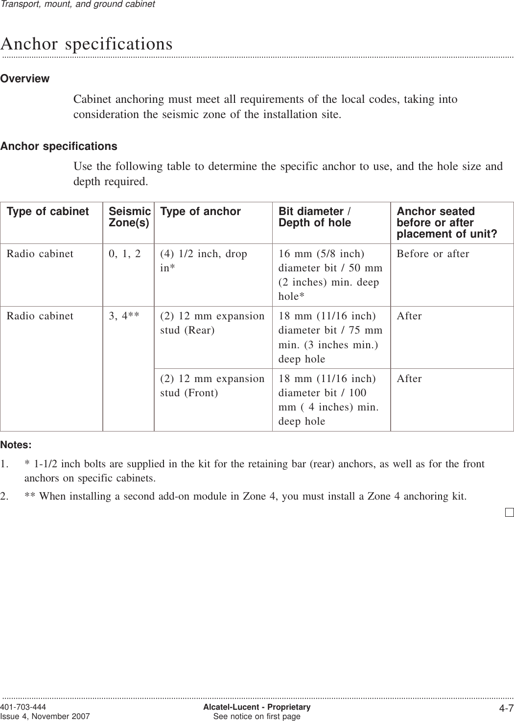 Anchor specifications...................................................................................................................................................................................................................................OverviewCabinet anchoring must meet all requirements of the local codes, taking intoconsideration the seismic zone of the installation site.Anchor specificationsUse the following table to determine the specific anchor to use, and the hole size anddepth required.Type of cabinet SeismicZone(s) Type of anchor Bit diameter /Depth of hole Anchor seatedbefore or afterplacement of unit?Radio cabinet 0, 1, 2 (4) 1/2 inch, dropin*16 mm (5/8 inch)diameter bit / 50 mm(2 inches) min. deephole*Before or afterRadio cabinet 3, 4** (2) 12 mm expansionstud (Rear)18 mm (11/16 inch)diameter bit / 75 mmmin. (3 inches min.)deep holeAfter(2) 12 mm expansionstud (Front)18 mm (11/16 inch)diameter bit / 100mm ( 4 inches) min.deep holeAfterNotes:1. * 1-1/2 inch bolts are supplied in the kit for the retaining bar (rear) anchors, as well as for the frontanchors on specific cabinets.2. ** When installing a second add-on module in Zone 4, you must install a Zone 4 anchoring kit.Transport, mount, and ground cabinet...................................................................................................................................................................................................................................401-703-444Issue 4, November 2007 Alcatel-Lucent - ProprietarySee notice on first page 4-7