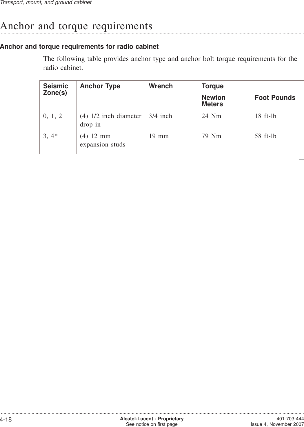 Anchor and torque requirements...................................................................................................................................................................................................................................Anchor and torque requirements for radio cabinetThe following table provides anchor type and anchor bolt torque requirements for theradio cabinet.SeismicZone(s) Anchor Type Wrench TorqueNewtonMeters Foot Pounds0, 1, 2 (4) 1/2 inch diameterdrop in3/4 inch 24 Nm 18 ft-lb3, 4* (4) 12 mmexpansion studs19 mm 79 Nm 58 ft-lbTransport, mount, and ground cabinet...................................................................................................................................................................................................................................4-18 Alcatel-Lucent - ProprietarySee notice on first page 401-703-444Issue 4, November 2007