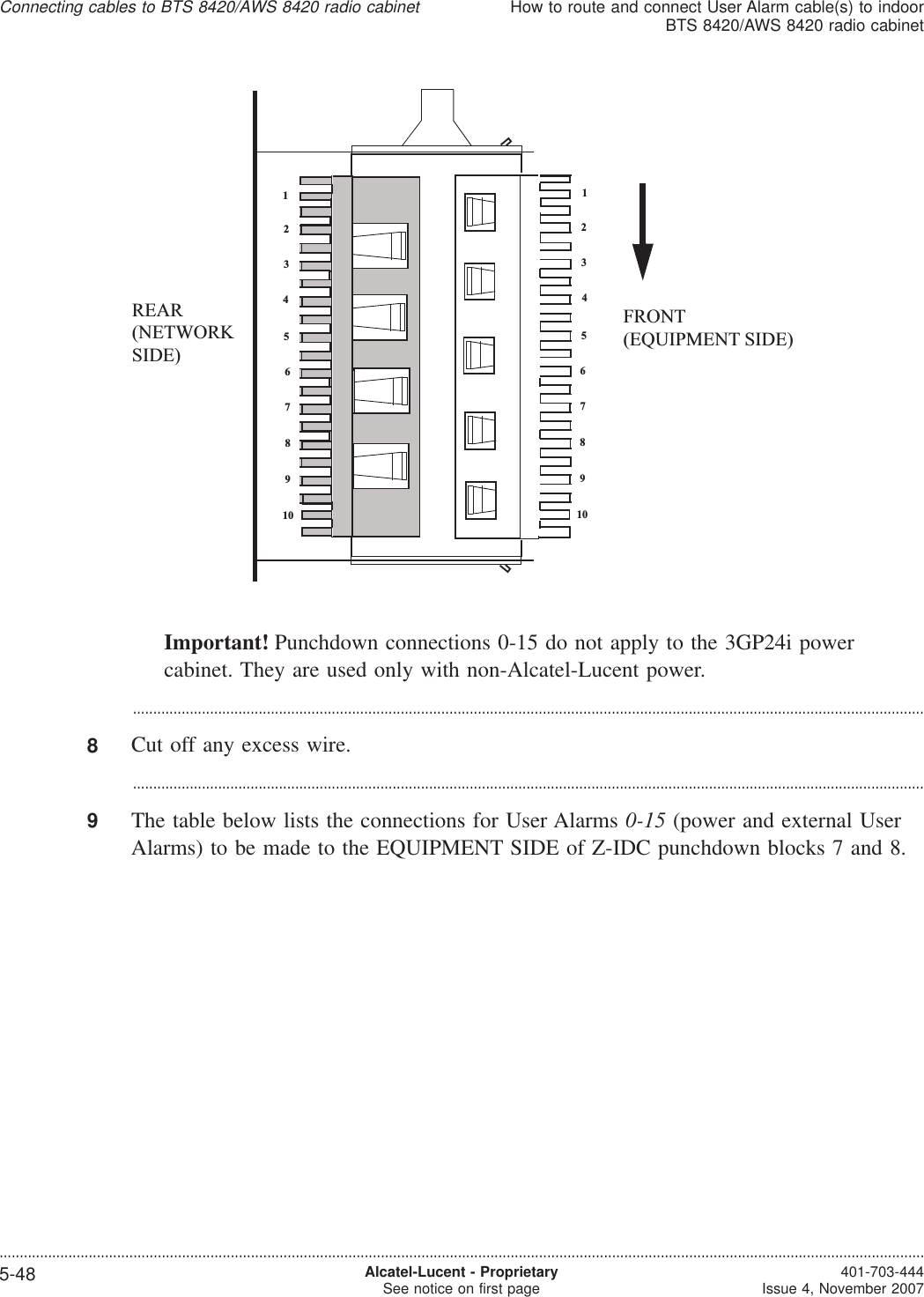 Important! Punchdown connections 0-15 do not apply to the 3GP24i powercabinet. They are used only with non-Alcatel-Lucent power....................................................................................................................................................................................................8Cut off any excess wire....................................................................................................................................................................................................9The table below lists the connections for User Alarms 0-15 (power and external UserAlarms) to be made to the EQUIPMENT SIDE of Z-IDC punchdown blocks 7 and 8.1234567891012345678910FRONT(EQUIPMENT SIDE)REAR(NETWORKSIDE)Connecting cables to BTS 8420/AWS 8420 radio cabinetHow to route and connect User Alarm cable(s) to indoorBTS 8420/AWS 8420 radio cabinet....................................................................................................................................................................................................................................5-48 Alcatel-Lucent - ProprietarySee notice on first page 401-703-444Issue 4, November 2007