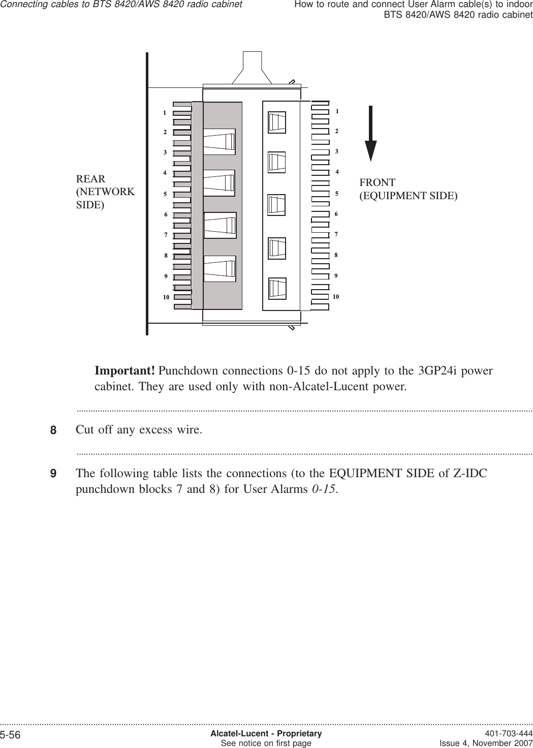 Important! Punchdown connections 0-15 do not apply to the 3GP24i powercabinet. They are used only with non-Alcatel-Lucent power....................................................................................................................................................................................................8Cut off any excess wire....................................................................................................................................................................................................9The following table lists the connections (to the EQUIPMENT SIDE of Z-IDCpunchdown blocks 7 and 8) for User Alarms 0-15.1234567891012345678910FRONT(EQUIPMENT SIDE)REAR(NETWORKSIDE)Connecting cables to BTS 8420/AWS 8420 radio cabinetHow to route and connect User Alarm cable(s) to indoorBTS 8420/AWS 8420 radio cabinet....................................................................................................................................................................................................................................5-56 Alcatel-Lucent - ProprietarySee notice on first page 401-703-444Issue 4, November 2007