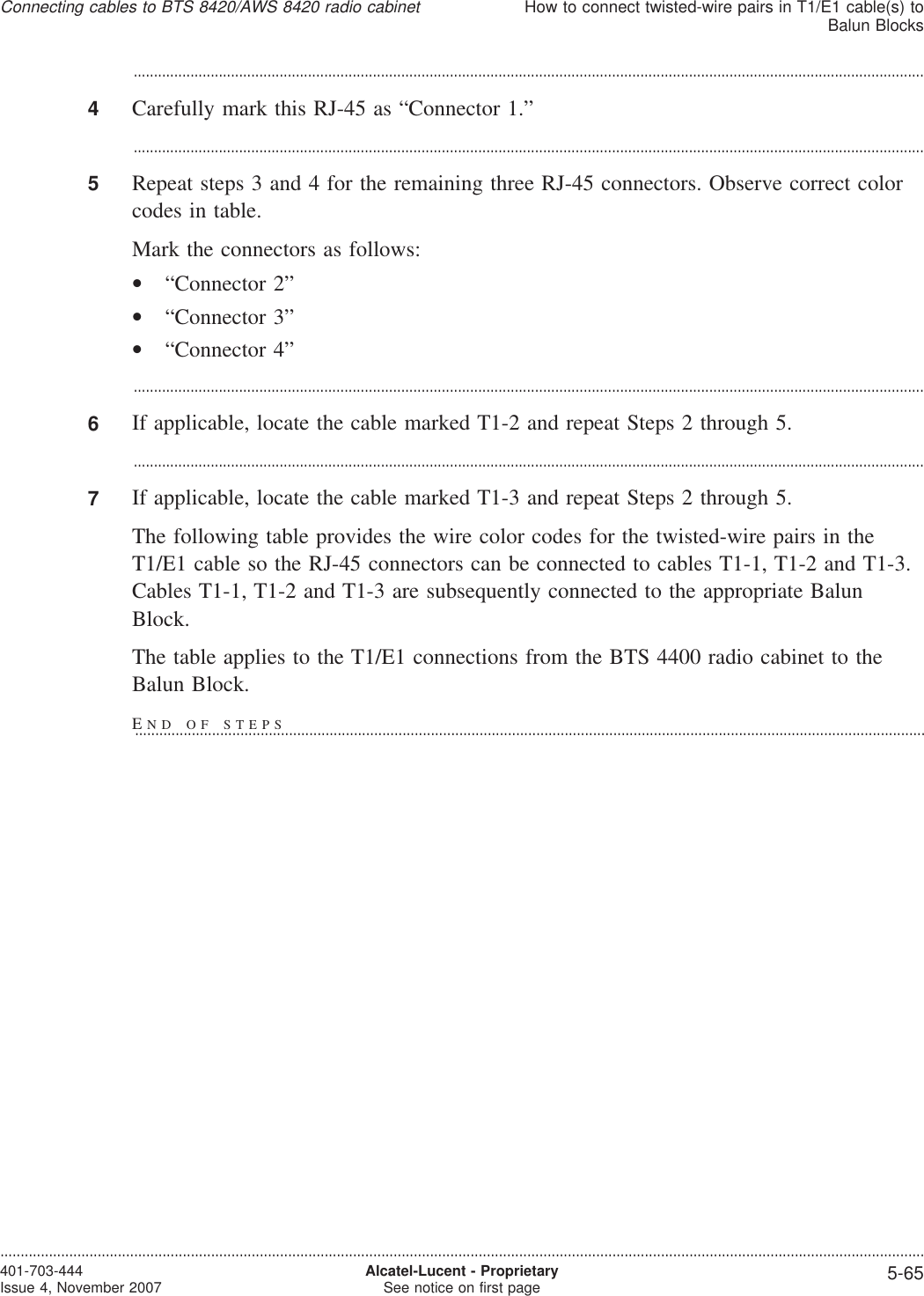 ...................................................................................................................................................................................................4Carefully mark this RJ-45 as “Connector 1.”...................................................................................................................................................................................................5Repeat steps 3 and 4 for the remaining three RJ-45 connectors. Observe correct colorcodes in table.Mark the connectors as follows:•“Connector 2”•“Connector 3”•“Connector 4”...................................................................................................................................................................................................6If applicable, locate the cable marked T1-2 and repeat Steps 2 through 5....................................................................................................................................................................................................7If applicable, locate the cable marked T1-3 and repeat Steps 2 through 5.The following table provides the wire color codes for the twisted-wire pairs in theT1/E1 cable so the RJ-45 connectors can be connected to cables T1-1, T1-2 and T1-3.Cables T1-1, T1-2 and T1-3 are subsequently connected to the appropriate BalunBlock.The table applies to the T1/E1 connections from the BTS 4400 radio cabinet to theBalun Block.Connecting cables to BTS 8420/AWS 8420 radio cabinetHow to connect twisted-wire pairs in T1/E1 cable(s) toBalun Blocks....................................................................................................................................................................................................................................401-703-444Issue 4, November 2007 Alcatel-Lucent - ProprietarySee notice on first page 5-65END OF STEPS...................................................................................................................................................................................................