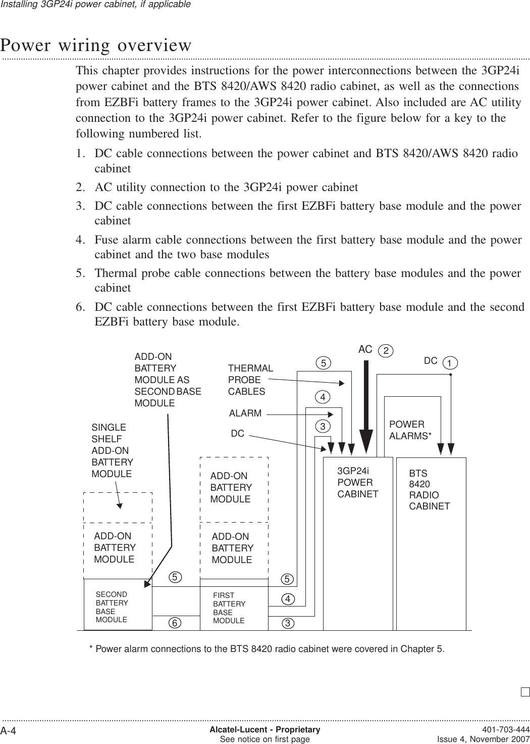 Power wiring overview...................................................................................................................................................................................................................................This chapter provides instructions for the power interconnections between the 3GP24ipower cabinet and the BTS 8420/AWS 8420 radio cabinet, as well as the connectionsfrom EZBFi battery frames to the 3GP24i power cabinet. Also included are AC utilityconnection to the 3GP24i power cabinet. Refer to the figure below for a key to thefollowing numbered list.1. DC cable connections between the power cabinet and BTS 8420/AWS 8420 radiocabinet2. AC utility connection to the 3GP24i power cabinet3. DC cable connections between the first EZBFi battery base module and the powercabinet4. Fuse alarm cable connections between the first battery base module and the powercabinet and the two base modules5. Thermal probe cable connections between the battery base modules and the powercabinet6. DC cable connections between the first EZBFi battery base module and the secondEZBFi battery base module.BTS8420RADIOCABINETACDCDCPOWERALARMS*ALARM3GP24iPOWERCABINETTHERMALPROBECABLESSECONDBATTERYBASEMODULEFIRSTBATTERYBASEMODULEADD-ONBATTERYMODULEADD-ONBATTERYMODULEADD-ONBATTERYMODULESINGLESHELFADD-ONBATTERYMODULEADD-ONBATTERYMODULE ASSECONDBASEMODULE1* Power alarm connections to the BTS 8420 radio cabinet were covered in Chapter 5.254354365Installing 3GP24i power cabinet, if applicable...................................................................................................................................................................................................................................A-4 Alcatel-Lucent - ProprietarySee notice on first page 401-703-444Issue 4, November 2007