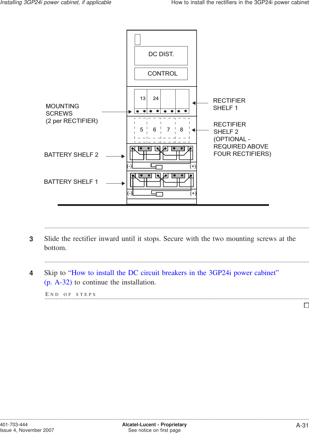 ...................................................................................................................................................................................................3Slide the rectifier inward until it stops. Secure with the two mounting screws at thebottom....................................................................................................................................................................................................4Skip to “How to install the DC circuit breakers in the 3GP24i power cabinet”(p. A-32) to continue the installation.END OF STEPS...................................................................................................................................................................................................(-) (+)576813 24DC DIST.RECTIFIERSHELF 1RECTIFIERSHELF 2(OPTIONAL -REQUIRED ABOVEFOUR RECTIFIERS)BATTERY SHELF 2BATTERY SHELF 1CONTROL(-) (+)MOUNTINGSCREWS(2 per RECTIFIER)Installing 3GP24i power cabinet, if applicableHow to install the rectifiers in the 3GP24i power cabinet....................................................................................................................................................................................................................................401-703-444Issue 4, November 2007 Alcatel-Lucent - ProprietarySee notice on first page A-31