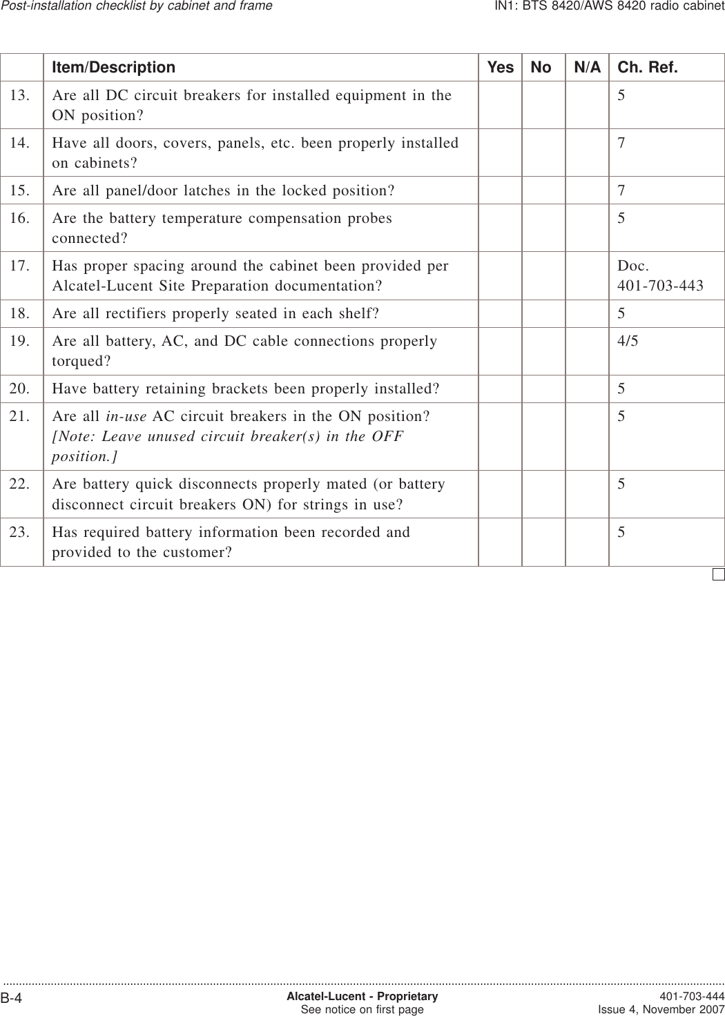 Item/Description Yes No N/A Ch. Ref.13. Are all DC circuit breakers for installed equipment in theON position?514. Have all doors, covers, panels, etc. been properly installedon cabinets?715. Are all panel/door latches in the locked position? 716. Are the battery temperature compensation probesconnected?517. Has proper spacing around the cabinet been provided perAlcatel-Lucent Site Preparation documentation?Doc.401-703-44318. Are all rectifiers properly seated in each shelf? 519. Are all battery, AC, and DC cable connections properlytorqued?4/520. Have battery retaining brackets been properly installed? 521. Are all in-use AC circuit breakers in the ON position?[Note: Leave unused circuit breaker(s) in the OFFposition.]522. Are battery quick disconnects properly mated (or batterydisconnect circuit breakers ON) for strings in use?523. Has required battery information been recorded andprovided to the customer?5Post-installation checklist by cabinet and frameIN1: BTS 8420/AWS 8420 radio cabinet...................................................................................................................................................................................................................................B-4 Alcatel-Lucent - ProprietarySee notice on first page 401-703-444Issue 4, November 2007