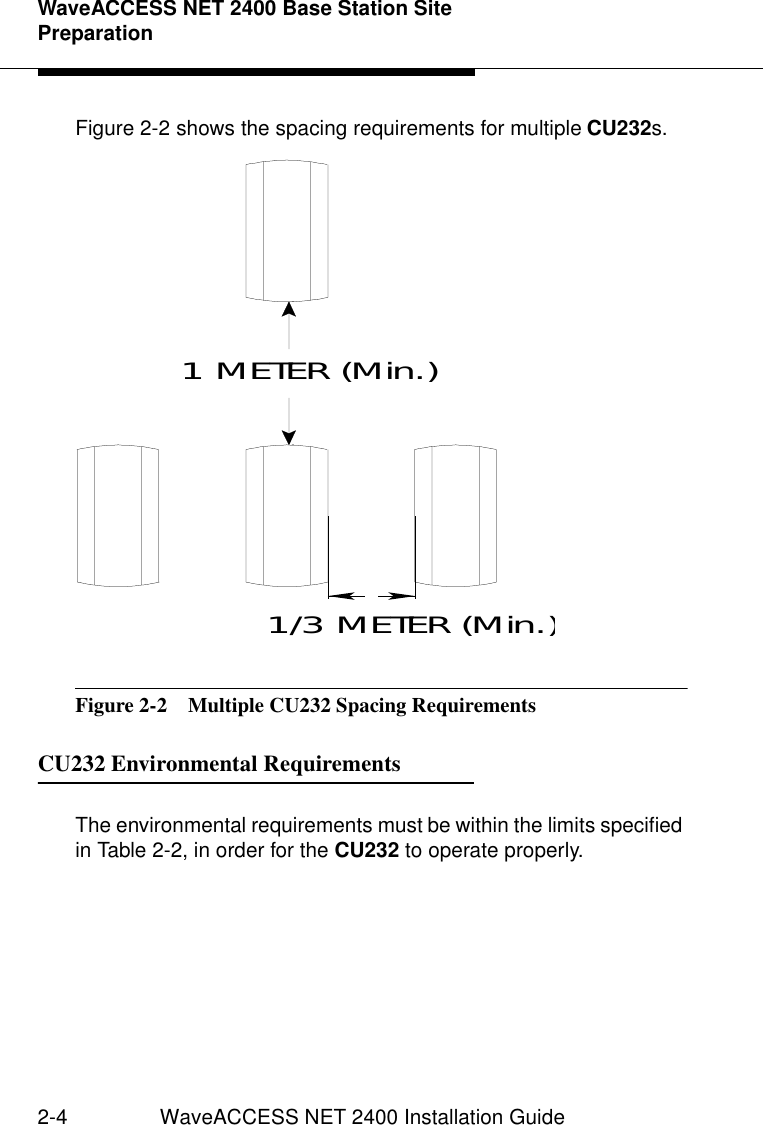 WaveACCESS NET 2400 Base Station Site Preparation2-4 WaveACCESS NET 2400 Installation GuideFigure 2-2 shows the spacing requirements for multiple CU232s.Figure 2-2  Multiple CU232 Spacing RequirementsCU232 Environmental Requirements 2The environmental requirements must be within the limits specified in Table 2-2, in order for the CU232 to operate properly.1 METER (Min.)1/3 METER (Min.)