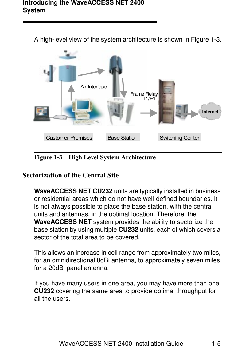 Introducing the WaveACCESS NET 2400 SystemWaveACCESS NET 2400 Installation Guide 1-5A high-level view of the system architecture is shown in Figure 1-3.Figure 1-3  High Level System ArchitectureSectorization of the Central Site 1WaveACCESS NET CU232 units are typically installed in business or residential areas which do not have well-defined boundaries. It is not always possible to place the base station, with the central units and antennas, in the optimal location. Therefore, the WaveACCESS NET system provides the ability to sectorize the base station by using multiple CU232 units, each of which covers a sector of the total area to be covered.This allows an increase in cell range from approximately two miles, for an omnidirectional 8dBi antenna, to approximately seven miles for a 20dBi panel antenna. If you have many users in one area, you may have more than one CU232 covering the same area to provide optimal throughput for all the users.InternetCustomer Premises Base Station Switching CenterFrame RelayT1/E1Air Interface