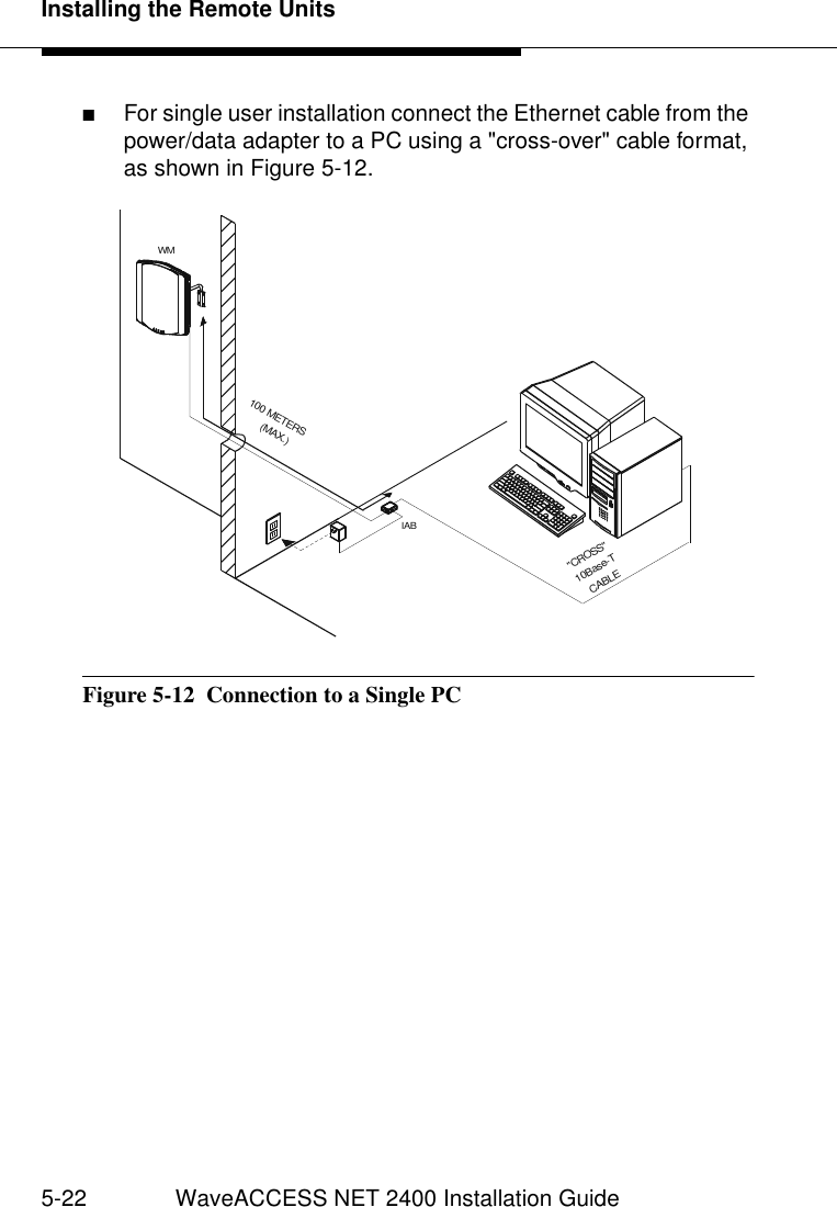 Installing the Remote Units5-22 WaveACCESS NET 2400 Installation Guide■For single user installation connect the Ethernet cable from the power/data adapter to a PC using a &quot;cross-over&quot; cable format, as shown in Figure 5-12.Figure 5-12  Connection to a Single PC &quot;CROSS&quot; 10Base-TCABLE100 METERS(MAX.)WMIAB