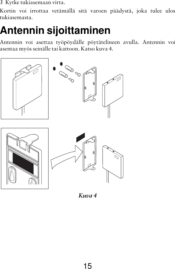 153Kytke tukiasemaan virta.Kortin voi irrottaa vetämällä sitä varoen päädystä, joka tulee ulostukiasemasta.Antennin sijoittaminenAntennin voi asettaa työpöydälle pöytätelineen avulla. Antennin voiasentaa myös seinälle tai kattoon. Katso kuva 4.Kuva 4 