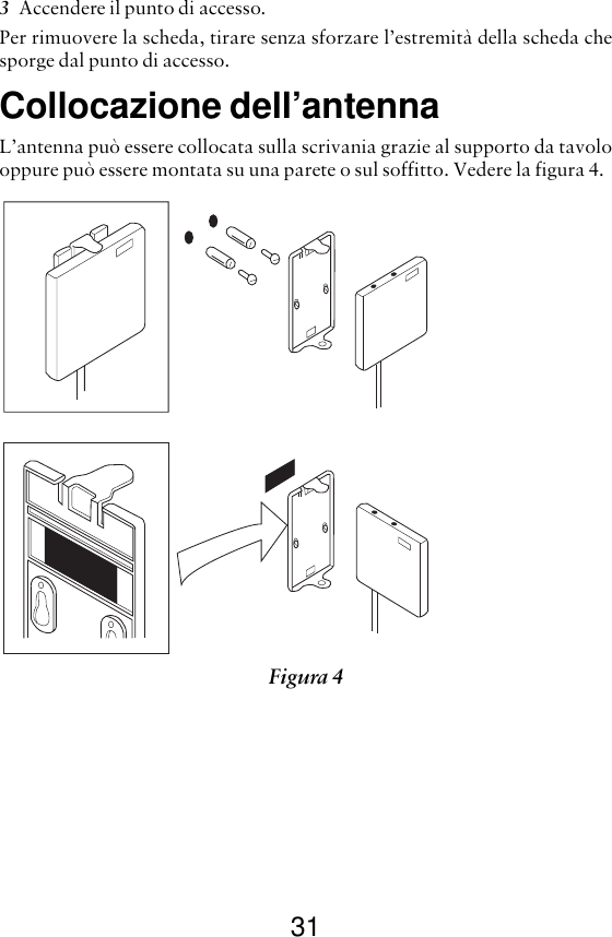 313Accendere il punto di accesso.Per rimuovere la scheda, tirare senza sforzare l’estremità della scheda chesporge dal punto di accesso.Collocazione dell’antennaL’antenna può essere collocata sulla scrivania grazie al supporto da tavolooppure può essere montata su una parete o sul soffitto. Vedere la figura 4.Figura 4 