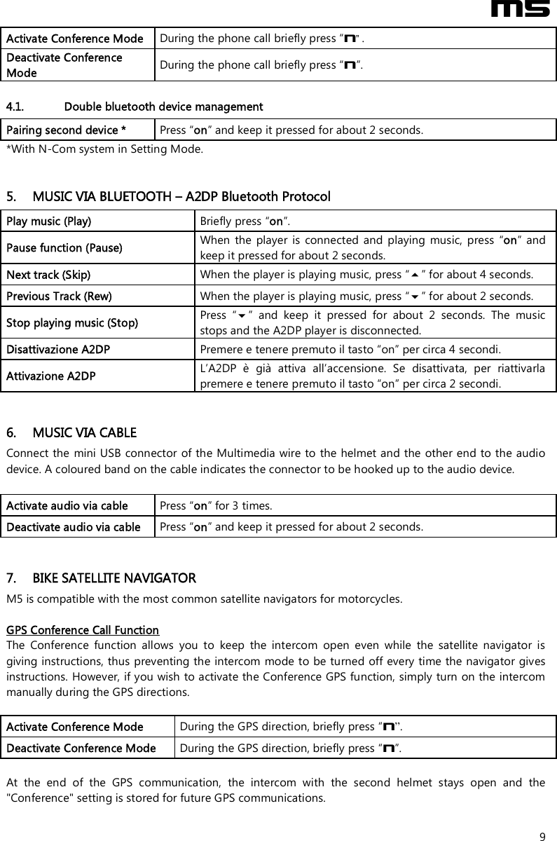  M5  9 Activate Conference Mode  During the phone call briefly press “ ”n. Deactivate Conference Mode  During the phone call briefly press “n”.  4.1. Double bluetooth device management Pairing second device *  Press “on” and keep it pressed for about 2 seconds. *With N-Com system in Setting Mode.   5. MUSIC VIA BLUETOOTH – A2DP Bluetooth Protocol Play music (Play)   Briefly press “on”. Pause function (Pause)  When  the  player  is  connected  and  playing  music,  press  “on”  and keep it pressed for about 2 seconds. Next track (Skip)  When the player is playing music, press “” for about 4 seconds. Previous Track (Rew)  When the player is playing music, press “” for about 2 seconds. Stop playing music (Stop)  Press  “”  and  keep  it  pressed  for  about  2  seconds.  The  music stops and the A2DP player is disconnected. Disattivazione A2DP  Premere e tenere premuto il tasto “on” per circa 4 secondi. Attivazione A2DP  L’A2DP  è  già  attiva  all’accensione.  Se  disattivata,  per  riattivarla premere e tenere premuto il tasto “on” per circa 2 secondi.   6. MUSIC VIA CABLE Connect the mini USB connector of the Multimedia wire to  the helmet and the other end to the audio device. A coloured band on the cable indicates the connector to be hooked up to the audio device.  Activate audio via cable Press “on” for 3 times. Deactivate audio via cable Press “on” and keep it pressed for about 2 seconds.   7. BIKE SATELLITE NAVIGATOR M5 is compatible with the most common satellite navigators for motorcycles.  GPS Conference Call Function The  Conference  function  allows  you  to  keep  the  intercom  open  even  while  the  satellite  navigator  is giving instructions, thus preventing the intercom mode to be turned off every time the navigator gives instructions. However, if you wish to activate the Conference GPS function, simply turn on the intercom manually during the GPS directions.  Activate Conference Mode  During the GPS direction, briefly press “n”. Deactivate Conference Mode  During the GPS direction, briefly press “n”.  At  the  end  of  the  GPS  communication,  the  intercom  with  the  second  helmet  stays  open  and  the &quot;Conference&quot; setting is stored for future GPS communications.   