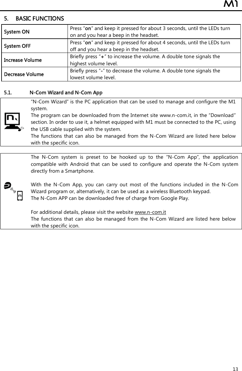  M1  13 5. BASIC FUNCTIONS System ON  Press “on” and keep it pressed for about 3 seconds, until the LEDs turn on and you hear a beep in the headset. System OFF   Press “on” and keep it pressed for about 4 seconds, until the LEDs turn off and you hear a beep in the headset. Increase Volume  Briefly press “+” to increase the volume. A double tone signals the highest volume level. Decrease Volume  Briefly press “-” to decrease the volume. A double tone signals the lowest volume level.  5.1. N-Com Wizard and N-Com App  “N-Com Wizard” is the PC application that can be used to manage and configure the M1 system. The program can be downloaded from the Internet site www.n-com.it, in the “Download” section. In order to use it, a helmet equipped with M1 must be connected to the PC, using the USB cable supplied with the system. The functions  that  can  also  be  managed  from  the N-Com Wizard are listed here  below with the specific icon.   The  N-Com  system  is  preset  to  be  hooked  up  to  the  “N-Com  App”,  the  application compatible  with  Android  that  can  be  used  to  configure  and  operate  the  N-Com  system directly from a Smartphone.   With  the  N-Com  App,  you  can  carry  out  most  of  the  functions  included  in  the  N-Com Wizard program or, alternatively, it can be used as a wireless Bluetooth keypad. The N-Com APP can be downloaded free of charge from Google Play.  For additional details, please visit the website www.n-com.it The functions  that  can  also  be  managed  from  the N-Com Wizard are listed here  below with the specific icon.    