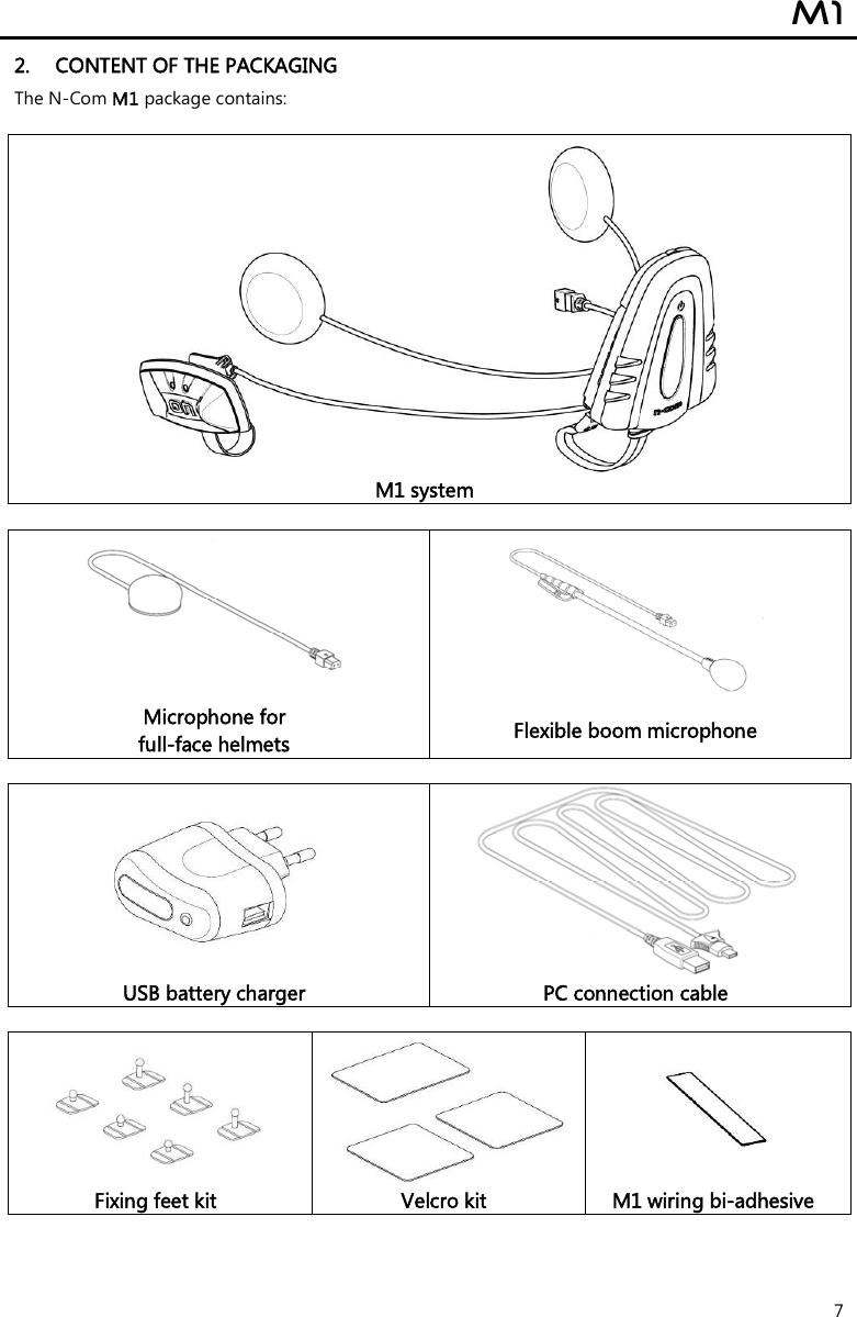  M1  7 2. CONTENT OF THE PACKAGING The N-Com M1 package contains:   M1 system    Microphone for  full-face helmets  Flexible boom microphone    USB battery charger  PC connection cable     Fixing feet kit  Velcro kit  M1 wiring bi-adhesive    