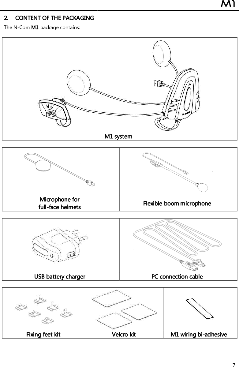  M1  7 2. CONTENT OF THE PACKAGING The N-Com M1 package contains:   M1 system    Microphone for  full-face helmets  Flexible boom microphone    USB battery charger PC connection cable     Fixing feet kit Velcro kit M1 wiring bi-adhesive    