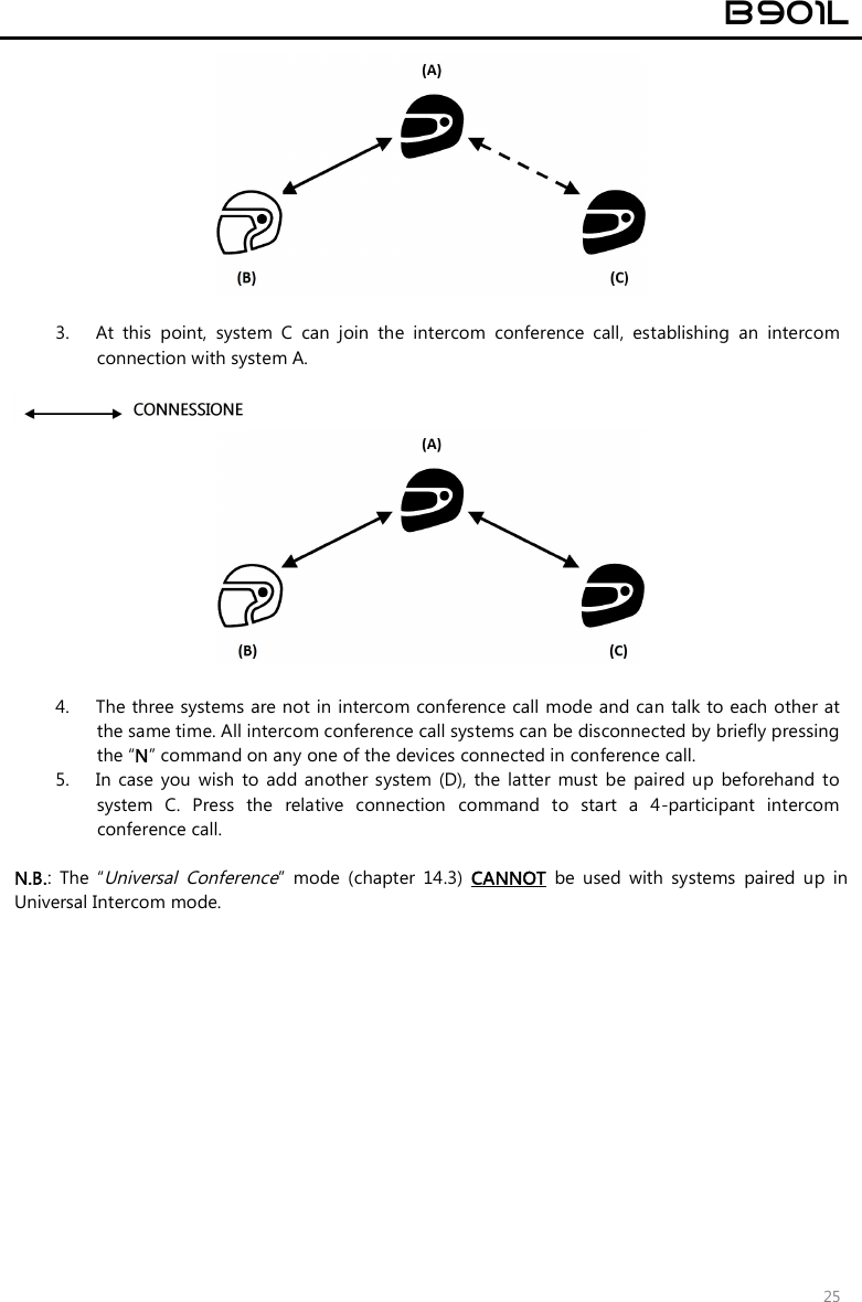  B901L  25   3. At  this  point,  system  C  can  join  the  intercom  conference  call,  establishing  an  intercom connection with system A.     4. The three systems are not in intercom conference call mode and can talk to each other at the same time. All intercom conference call systems can be disconnected by briefly pressing the “N” command on any one of the devices connected in conference call. 5. In  case  you  wish  to  add  another  system  (D), the  latter  must  be  paired  up  beforehand  to system  C.  Press  the  relative  connection  command  to  start  a  4-participant  intercom conference call.    N.B.:  The  “Universal  Conference”  mode  (chapter  14.3)  CANNOT  be  used  with  systems  paired  up  in Universal Intercom mode. 