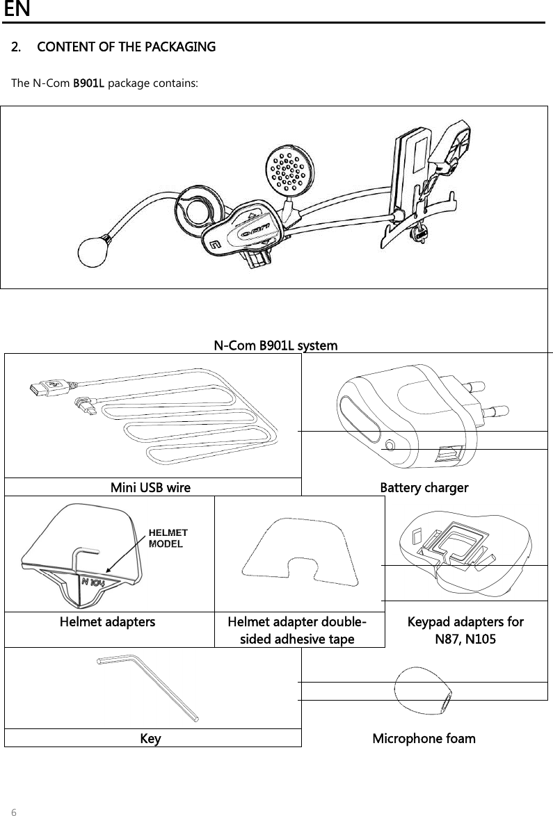 EN   6 2. CONTENT OF THE PACKAGING  The N-Com B901L package contains:   N-Com B901L system   Mini USB wire Battery charger    Helmet adapters  Helmet adapter double-sided adhesive tape Keypad adapters for N87, N105    Key Microphone foam    