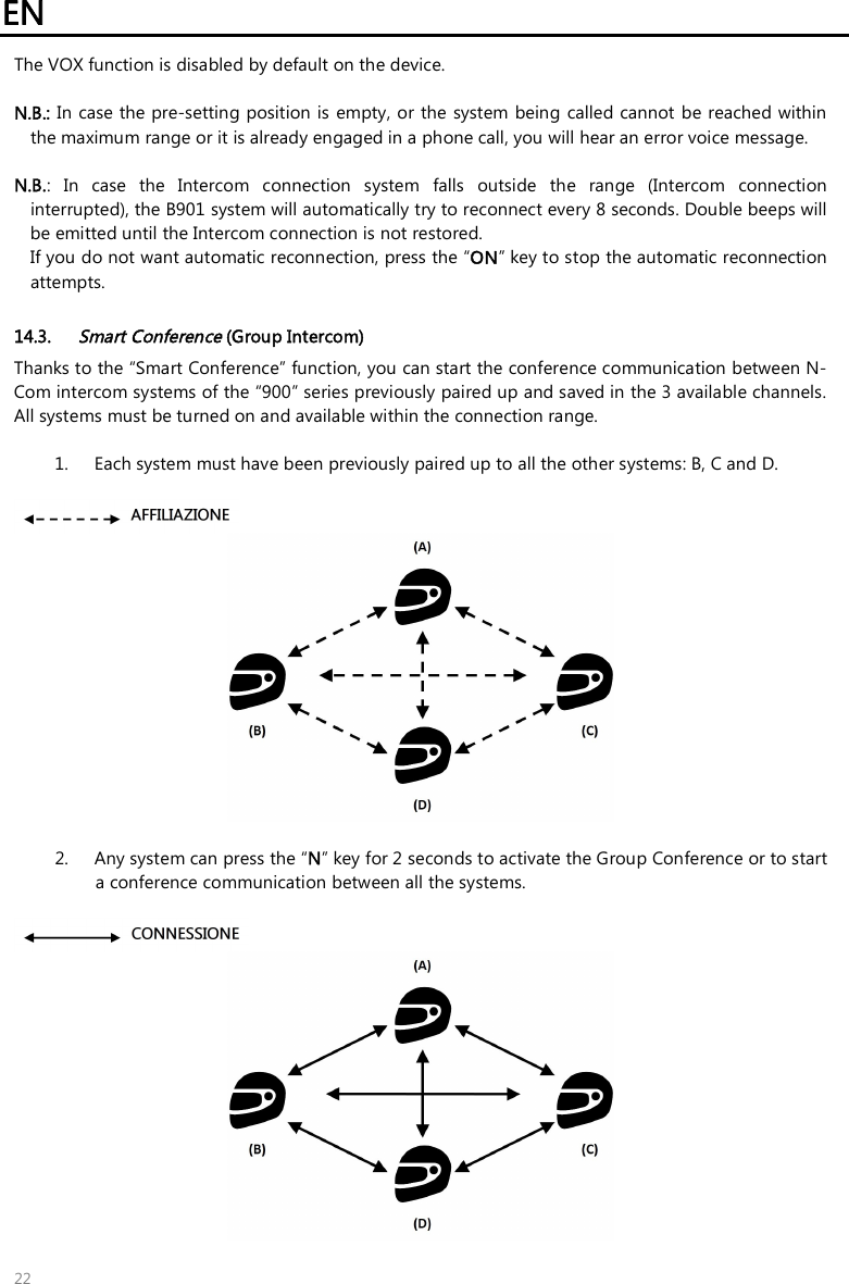 EN 22 The VOX function is disabled by default on the device. N.B.: In case the pre-setting position is empty, or the system being called cannot be reached withinthe maximum range or it is already engaged in a phone call, you will hear an error voice message.N.B.:  In  case  the  Intercom  connection  system  falls  outside  the  range  (Intercom  connectioninterrupted), the B901 system will automatically try to reconnect every 8 seconds. Double beeps willbe emitted until the Intercom connection is not restored.If you do not want automatic reconnection, press the “ON” key to stop the automatic reconnectionattempts.14.3. Smart Conference (Group Intercom) Thanks to the “Smart Conference” function, you can start the conference communication between N-Com intercom systems of the “900” series previously paired up and saved in the 3 available channels. All systems must be turned on and available within the connection range.   1. Each system must have been previously paired up to all the other systems: B, C and D.2. Any system can press the “N” key for 2 seconds to activate the Group Conference or to starta conference communication between all the systems.