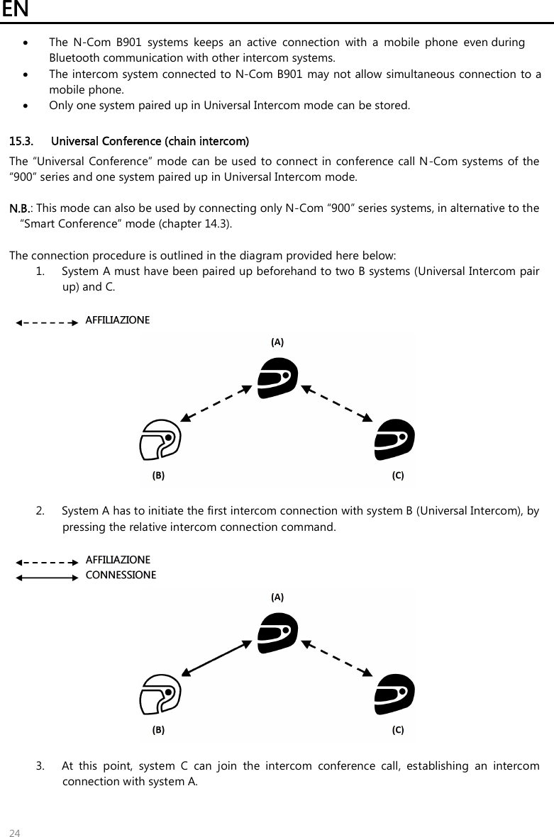 EN 24 •The  N-Com  B901  systems  keeps  an  active  connection  with  a  mobile  phone  even during Bluetooth communication with other intercom systems.•The intercom system connected to N-Com B901 may not allow simultaneous connection to a mobile phone.•Only one system paired up in Universal Intercom mode can be stored. 15.3. Universal Conference (chain intercom) The “Universal Conference” mode can  be used to connect in conference call N-Com systems of the “900” series and one system paired up in Universal Intercom mode. N.B.: This mode can also be used by connecting only N-Com “900” series systems, in alternative to the“Smart Conference” mode (chapter 14.3).The connection procedure is outlined in the diagram provided here below: 1. System A must have been paired up beforehand to two B systems (Universal Intercom pairup) and C.2. System A has to initiate the first intercom connection with system B (Universal Intercom), bypressing the relative intercom connection command.3. At  this  point,  system  C  can  join  the  intercom  conference  call,  establishing  an  intercomconnection with system A.