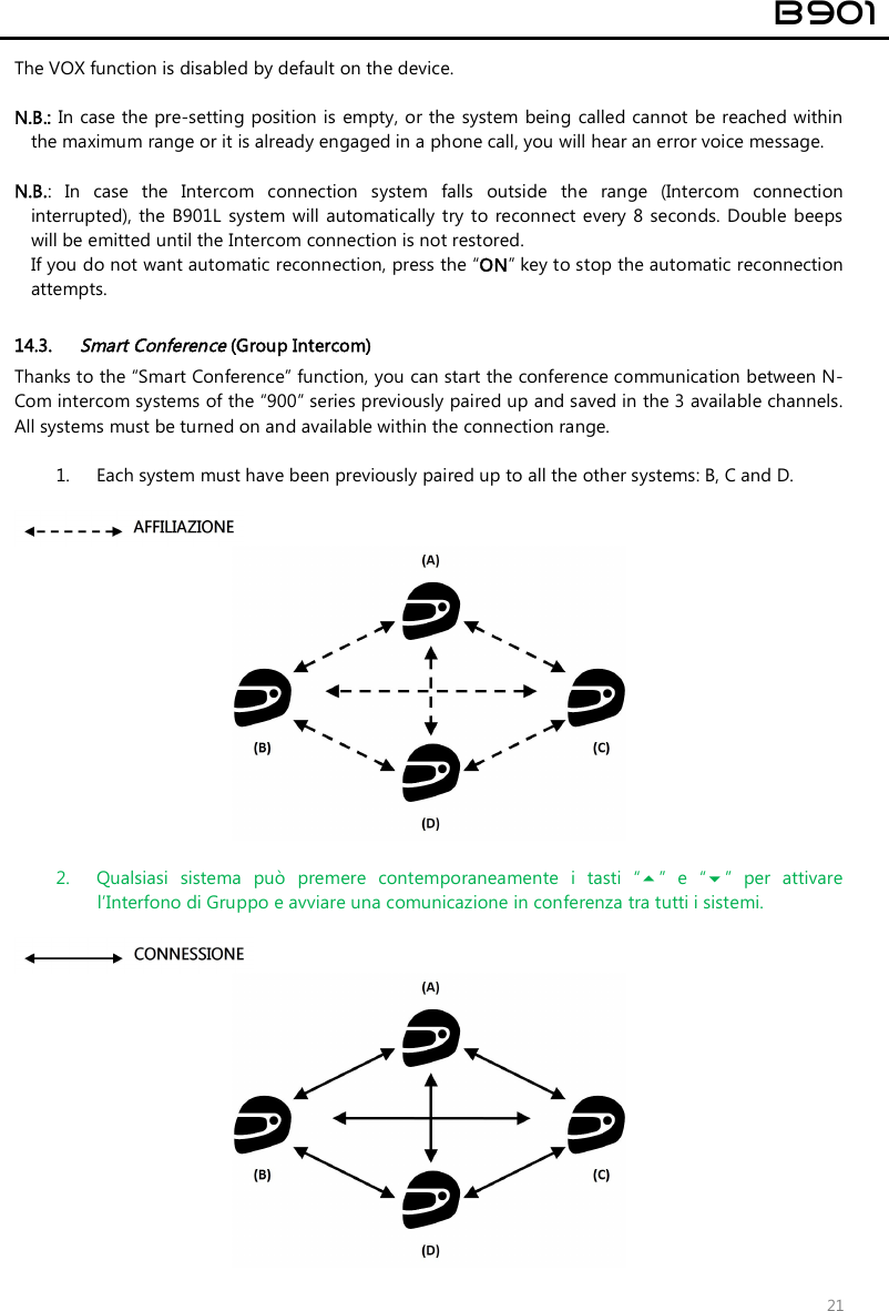  B901  21 The VOX function is disabled by default on the device.  N.B.: In case the pre-setting position is empty, or the system  being called cannot be reached within the maximum range or it is already engaged in a phone call, you will hear an error voice message.  N.B.:  In  case  the  Intercom  connection  system  falls  outside  the  range  (Intercom  connection interrupted), the B901L system  will  automatically  try to reconnect every 8  seconds. Double beeps will be emitted until the Intercom connection is not restored. If you do not want automatic reconnection, press the “ON” key to stop the automatic reconnection attempts.  14.3. Smart Conference (Group Intercom) Thanks to the “Smart Conference” function, you can start the conference communication between N-Com intercom systems of the “900” series previously paired up and saved in the 3 available channels. All systems must be turned on and available within the connection range.    1. Each system must have been previously paired up to all the other systems: B, C and D.     2. Qualsiasi  sistema  può  premere  contemporaneamente  i  tasti  “”  e  “”  per  attivare l’Interfono di Gruppo e avviare una comunicazione in conferenza tra tutti i sistemi.    