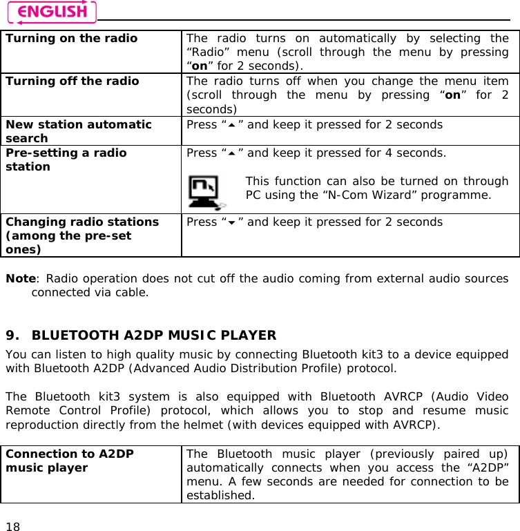    18 Turning on the radio  The radio turns on automatically by selecting the  “Radio” menu (scroll through the menu by pressing “on” for 2 seconds). Turning off the radio   The radio turns off when you change the menu item (scroll through the menu by pressing “on” for 2 seconds) New station automatic search   Press “” and keep it pressed for 2 seconds  Pre-setting a radio station  Press “” and keep it pressed for 4 seconds.   This function can also be turned on through PC using the “N-Com Wizard” programme. Changing radio stations (among the pre-set ones) Press “” and keep it pressed for 2 seconds   Note: Radio operation does not cut off the audio coming from external audio sources connected via cable.   9. BLUETOOTH A2DP MUSIC PLAYER You can listen to high quality music by connecting Bluetooth kit3 to a device equipped with Bluetooth A2DP (Advanced Audio Distribution Profile) protocol.   The Bluetooth kit3 system is also equipped with Bluetooth AVRCP (Audio Video Remote Control Profile) protocol, which allows you to stop and resume music reproduction directly from the helmet (with devices equipped with AVRCP).  Connection to A2DP music player  The Bluetooth music player (previously paired up) automatically connects when you access the “A2DP” menu. A few seconds are needed for connection to be established.  