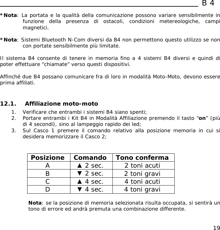  B4  19 *Nota: La portata e la qualità della comunicazione possono variare sensibilmente in funzione della presenza di ostacoli, condizioni metereologiche, campi magnetici.  *Nota: Sistemi Bluetooth N-Com diversi da B4 non permettono questo utilizzo se non con portate sensibilmente più limitate.  Il sistema B4 consente di tenere in memoria fino a 4 sistemi B4 diversi e quindi di poter effettuare “chiamate” verso questi dispositivi.  Affinché due B4 possano comunicare fra di loro in modalità Moto-Moto, devono essere prima affiliati.   12.1. Affiliazione moto-moto 1. Verificare che entrambi i sistemi B4 siano spenti; 2. Portare entrambi i Kit B4 in Modalità Affiliazione premendo il tasto “on” (più di 4 secondi), sino al lampeggio rapido dei led; 3. Sul Casco 1 premere il comando relativo alla posizione memoria in cui si desidera memorizzare il Casco 2;   Posizione Comando Tono conferma A  ▲ 2 sec.  2 toni acuti B  ▼ 2 sec.  2 toni gravi C  ▲ 4 sec.  4 toni acuti D  ▼ 4 sec.  4 toni gravi  Nota: se la posizione di memoria selezionata risulta occupata, si sentirà un tono di errore ed andrà premuta una combinazione differente.  