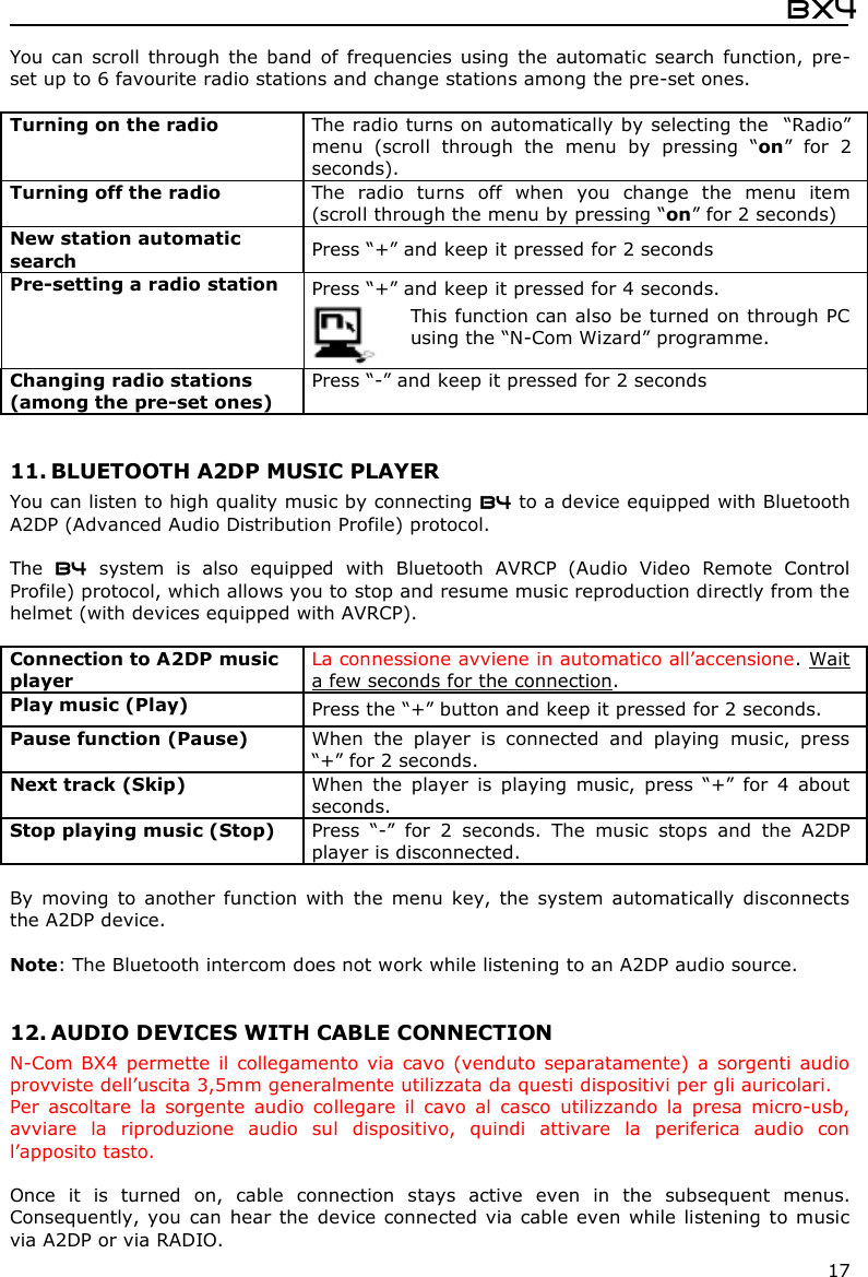  Bx4  17 You can  scroll  through  the  band  of  frequencies  using  the  automatic  search  function,  pre-set up to 6 favourite radio stations and change stations among the pre-set ones.  Turning on the radio  The radio turns on automatically by selecting the  “Radio” menu  (scroll  through  the  menu  by  pressing  “on”  for  2 seconds). Turning off the radio   The  radio  turns  off  when  you  change  the  menu  item (scroll through the menu by pressing “on” for 2 seconds) New station automatic search   Press “+” and keep it pressed for 2 seconds  Pre-setting a radio station  Press “+” and keep it pressed for 4 seconds.   This function can also be turned on through PC using the “N-Com Wizard” programme. Changing radio stations (among the pre-set ones) Press “-” and keep it pressed for 2 seconds    11. BLUETOOTH A2DP MUSIC PLAYER You can listen to high quality music by connecting B4 to a device equipped with Bluetooth A2DP (Advanced Audio Distribution Profile) protocol.   The  B4  system  is  also  equipped  with  Bluetooth  AVRCP  (Audio  Video  Remote  Control Profile) protocol, which allows you to stop and resume music reproduction directly from the helmet (with devices equipped with AVRCP).  Connection to A2DP music player La connessione avviene in automatico all’accensione. Wait a few seconds for the connection. Play music (Play)  Press the “+” button and keep it pressed for 2 seconds. Pause function (Pause)  When  the  player  is  connected  and  playing  music,  press “+” for 2 seconds. Next track (Skip)  When  the  player  is  playing  music,  press  “+”  for  4  about seconds. Stop playing music (Stop)  Press  “-”  for  2  seconds.  The  music  stops  and  the  A2DP player is disconnected.  By  moving  to  another  function  with  the  menu  key,  the  system  automatically  disconnects the A2DP device.  Note: The Bluetooth intercom does not work while listening to an A2DP audio source.   12. AUDIO DEVICES WITH CABLE CONNECTION N-Com  BX4  permette  il  collegamento  via  cavo  (venduto  separatamente)  a  sorgenti  audio provviste dell’uscita 3,5mm generalmente utilizzata da questi dispositivi per gli auricolari. Per  ascoltare  la  sorgente  audio  collegare  il  cavo  al  casco  utilizzando  la  presa  micro-usb, avviare  la  riproduzione  audio  sul  dispositivo,  quindi  attivare  la  periferica  audio  con l’apposito tasto.  Once  it  is  turned  on,  cable  connection  stays  active  even  in  the  subsequent  menus. Consequently, you  can hear the device connected via cable even while  listening to music via A2DP or via RADIO. 