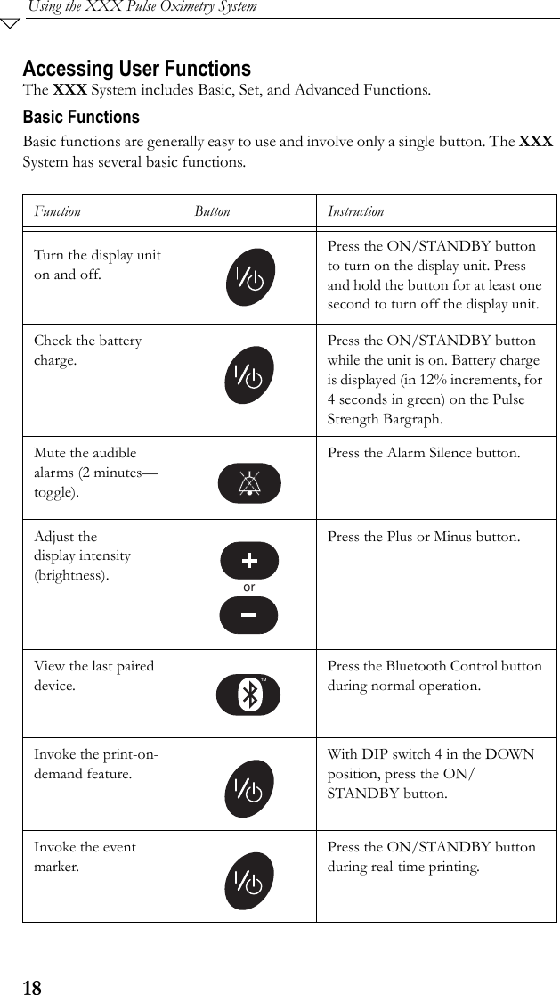 18Using the XXX Pulse Oximetry SystemAccessing User FunctionsThe XXX System includes Basic, Set, and Advanced Functions.  Basic FunctionsBasic functions are generally easy to use and involve only a single button. The XXX System has several basic functions.Function Button InstructionTurn the display unit on and off.Press the ON/STANDBY button to turn on the display unit. Press and hold the button for at least one second to turn off the display unit. Check the battery charge.Press the ON/STANDBY button while the unit is on. Battery charge is displayed (in 12% increments, for 4 seconds in green) on the Pulse Strength Bargraph. Mute the audible alarms (2 minutes—toggle).Press the Alarm Silence button. Adjust the display intensity (brightness).Press the Plus or Minus button.View the last paired device.Press the Bluetooth Control button during normal operation.Invoke the print-on-demand feature.With DIP switch 4 in the DOWN position, press the ON/STANDBY button.Invoke the event marker.Press the ON/STANDBY button during real-time printing.or™