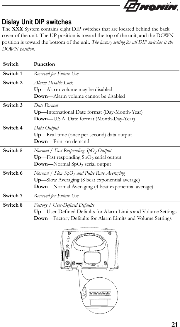 21Dislay Unit DIP switchesThe XXX System contains eight DIP switches that are located behind the back cover of the unit. The UP position is toward the top of the unit, and the DOWN position is toward the bottom of the unit. The factory setting for all DIP switches is the DOWN position. Switch FunctionSwitch 1 Reserved for Future UseSwitch 2 Alarm Disable LockUp—Alarm volume may be disabledDown—Alarm volume cannot be disabledSwitch 3 Date FormatUp—International Date format (Day-Month-Year)Down—U.S.A. Date format (Month-Day-Year)Switch 4 Data OutputUp—Real-time (once per second) data outputDown—Print on demandSwitch 5 Normal / Fast Responding SpO2 OutputUp—Fast responding SpO2 serial outputDown—Normal SpO2 serial outputSwitch 6 Normal / Slow SpO2 and Pulse Rate AveragingUp—Slow Averaging (8 beat exponential average)Down—Normal Averaging (4 beat exponential average)Switch 7  Reserved for Future UseSwitch 8 Factory / User-Defined DefaultsUp—User-Defined Defaults for Alarm Limits and Volume SettingsDown—Factory Defaults for Alarm Limits and Volume Settings12345678