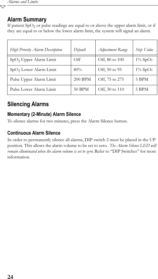 24Alarms and LimitsAlarm Summary If patient SpO2 or pulse readings are equal to or above the upper alarm limit, or if they are equal to or below the lower alarm limit, the system will signal an alarm.  Silencing AlarmsMomentary (2-Minute) Alarm SilenceTo silence alarms for two minutes, press the Alarm Silence button.Continuous Alarm SilenceIn order to permanently silence all alarms, DIP switch 2 must be placed in the UP position. This allows the alarm volume to be set to zero.  The Alarm Silence LED will remain illuminated when the alarm volume is set to zero. Refer to “DIP Switches” for more information.High Priority Alarm Description Default Adjustment Range  Step ValueSpO2 Upper Alarm Limit Off Off, 80 to 100 1% SpO2SpO2 Lower Alarm Limit 80% Off, 50 to 95 1% SpO2Pulse Upper Alarm Limit 200 BPM Off, 75 to 275  5 BPMPulse Lower Alarm Limit 50 BPM Off, 30 to 110  5 BPM