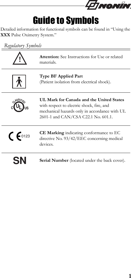 1Guide to SymbolsDetailed information for functional symbols can be found in “Using the XXX Pulse Oximetry System.”  Regulatory SymbolsAttention: See Instructions for Use or related materials.Type BF Applied Part(Patient isolation from electrical shock).UL Mark for Canada and the United States with respect to electric shock, fire, and mechanical hazards only in accordance with UL 2601-1 and CAN/CSA C22.1 No. 601.1.CE Marking indicating conformance to EC directive No. 93/42/EEC concerning medical devices.Serial Number (located under the back cover).!CLASSIFIEDUSCUL0123SN